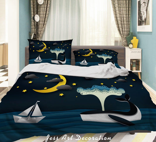 3D Cartoon Night Moon Star Cloud Sailboat Ocean Whale Quilt Cover Set Bedding Set Duvet Cover Pillowcases LXL