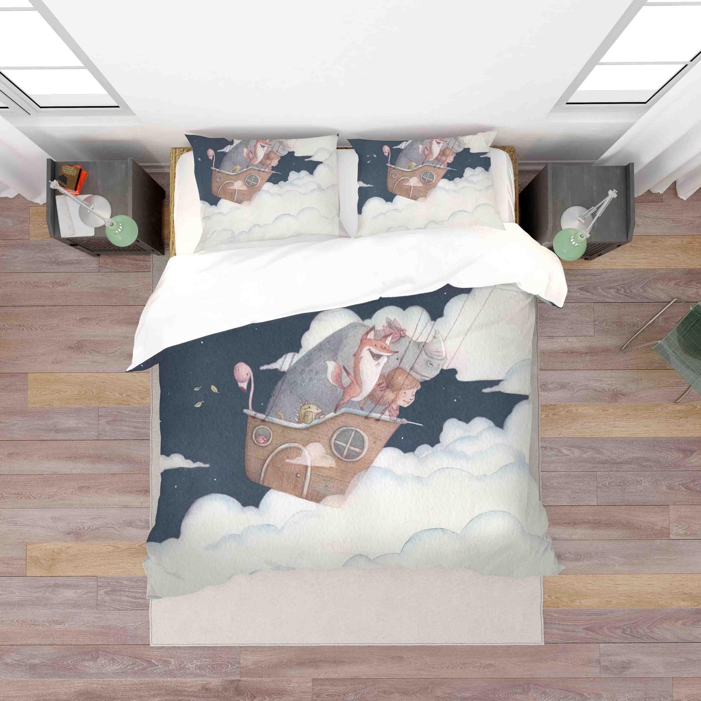 3D Cartoon Animal Hot Air Balloon Girl Rhino Fox Flamingo Quilt Cover Set Bedding Set Duvet Cover Pillowcases SF037