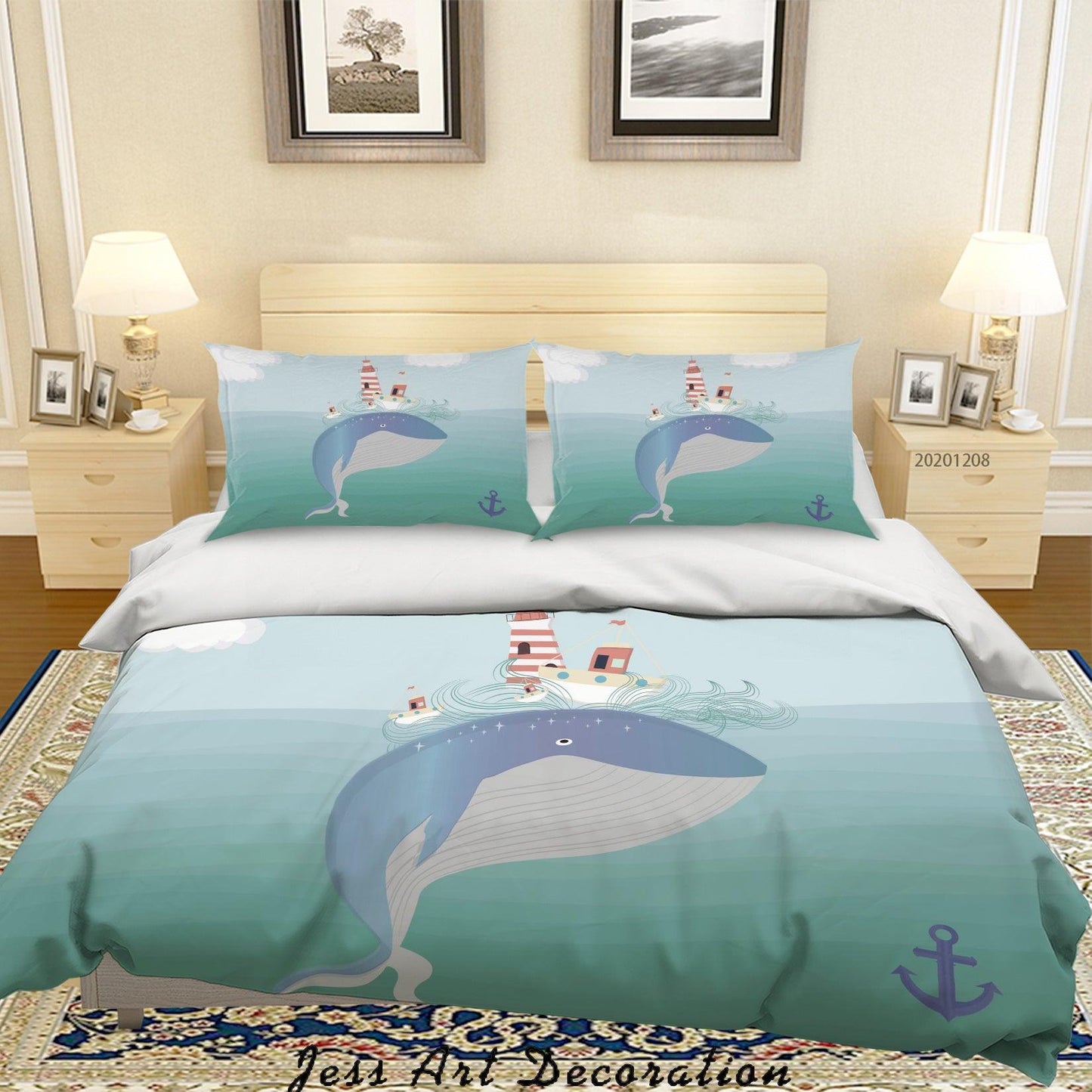 3D Cartoon Ocean Whale Lighthouse Anchor Quilt Cover Set Bedding Set Duvet Cover Pillowcases LXL