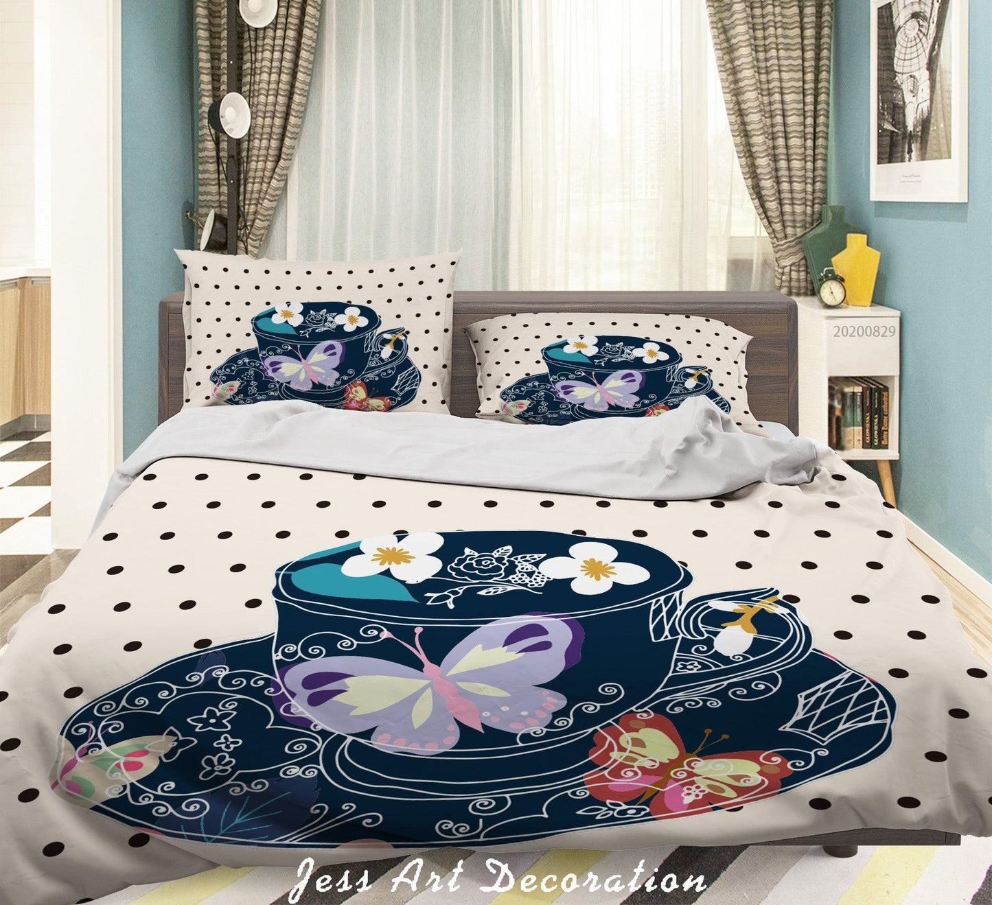3D Abstract Hand Draw Cartoon Teacup Butterfly Pattern Quilt Cover Set Bedding Set Duvet Cover Pillowcases WJ 3586