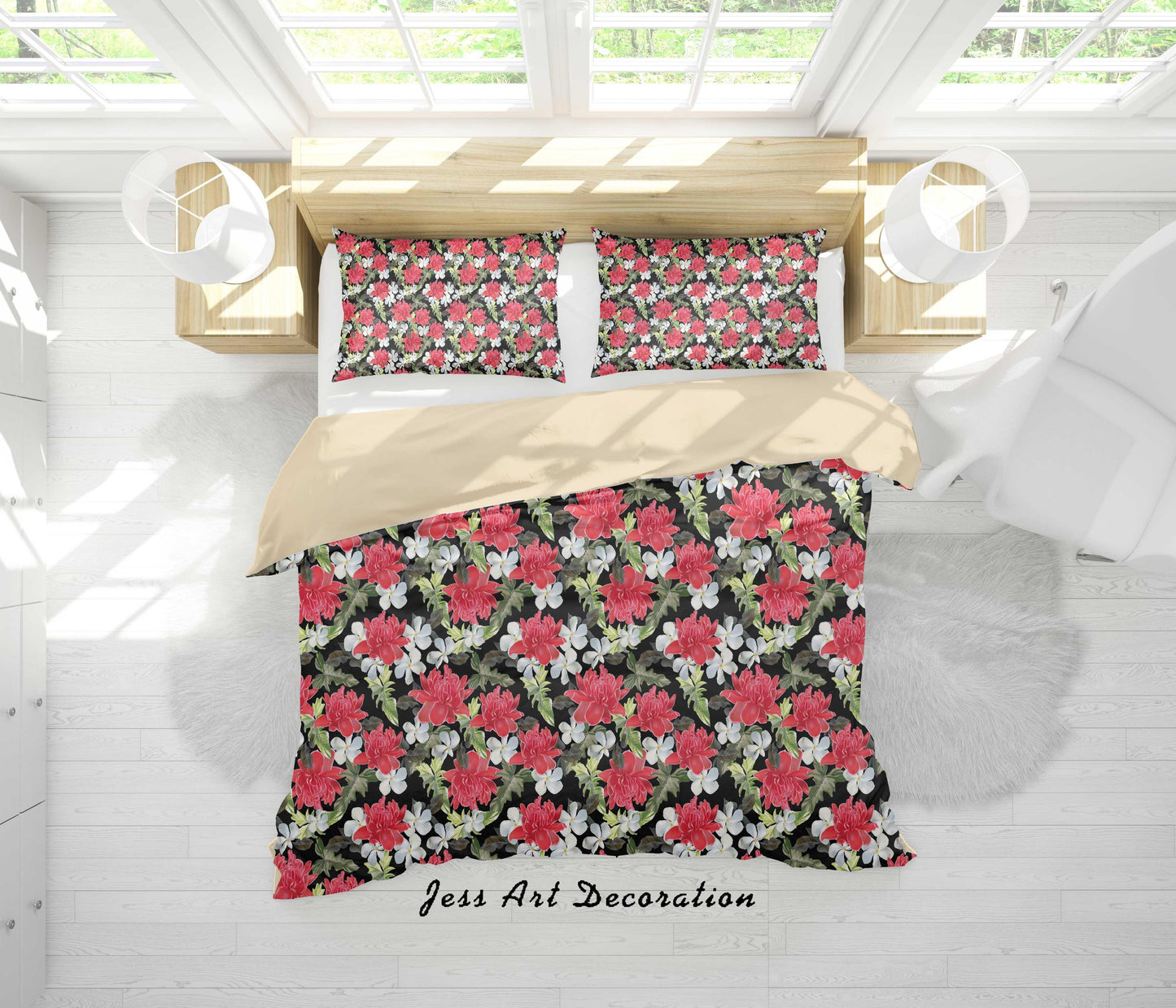 3D Black Red Flowers Quilt Cover Set Bedding Set Duvet Cover Pillowcases SF121