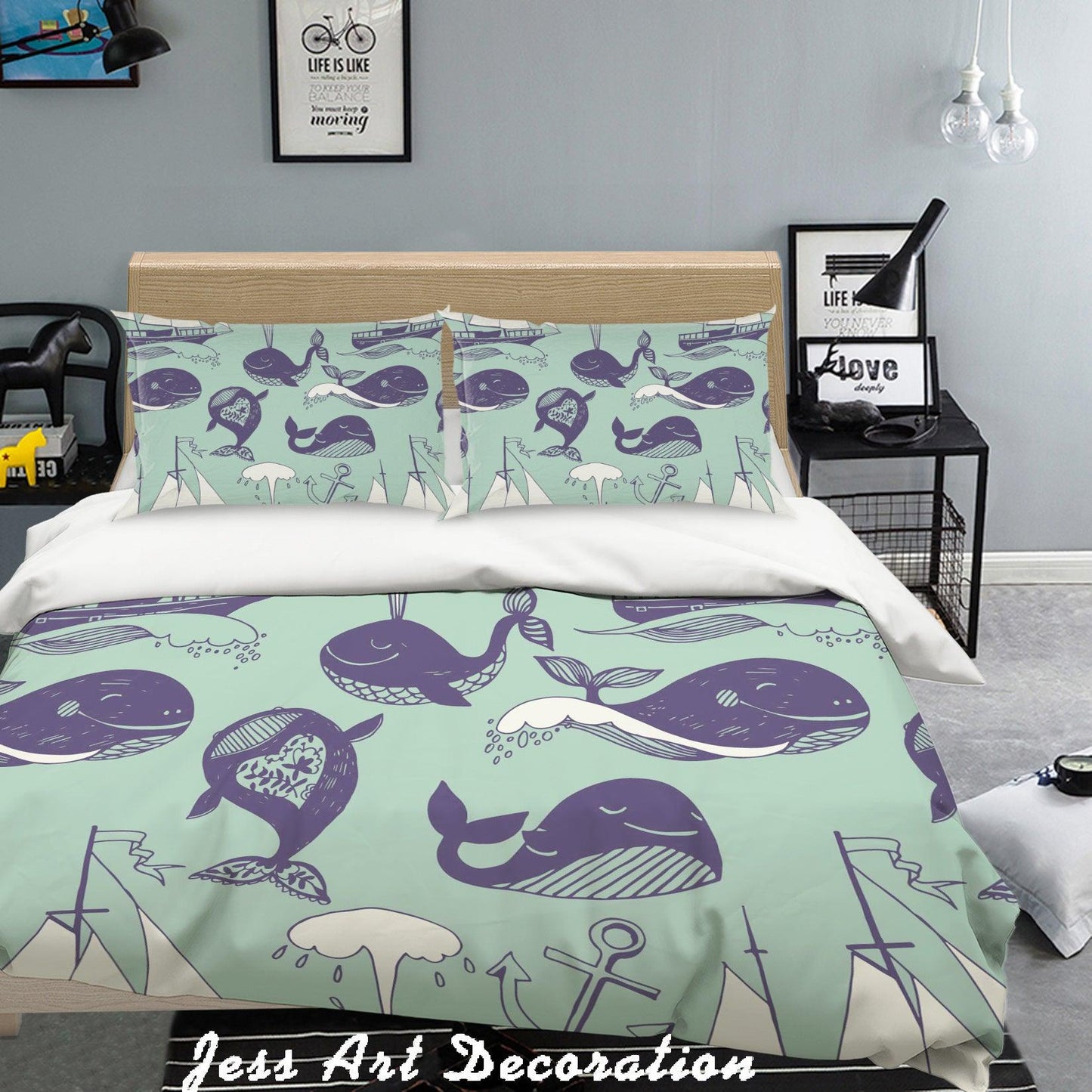 3D Black White Cartoon Whales Quilt Cover Set Bedding Set Pillowcases 165
