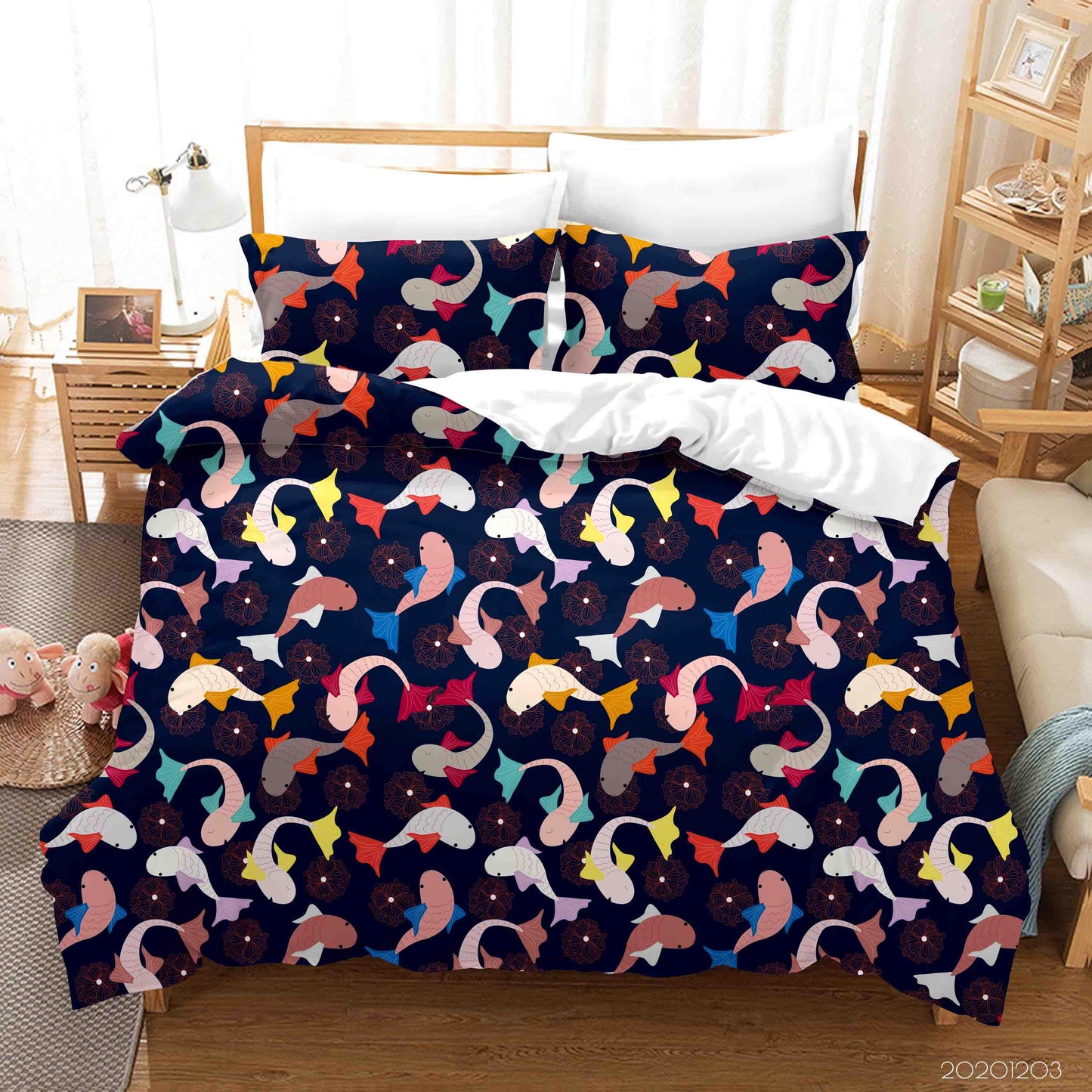 3D Cartoon Hand Drawn Colorful Fish Pattern Quilt Cover Set Bedding Set Duvet Cover Pillowcases LXL