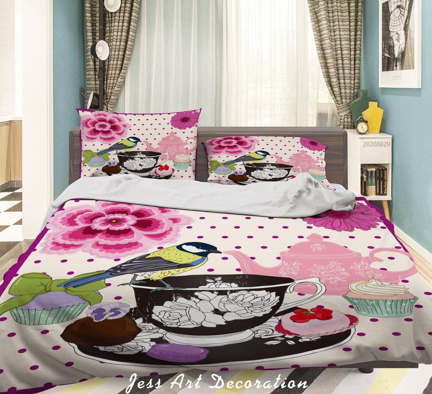 3D Abstract Hand Draw Cartoon Teacup Butterfly Bird Pattern Quilt Cover Set Bedding Set Duvet Cover Pillowcases WJ 3587