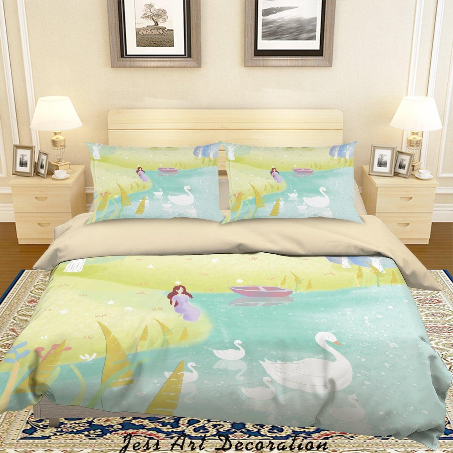 3D Cartoon Lake Goose Girl Quilt Cover Set Bedding Set Duvet Cover Pillowcases A606 LQH