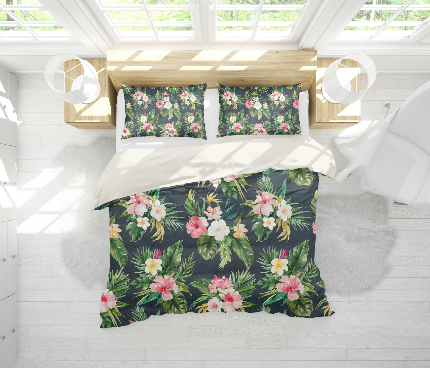 3D Black Watercolor Floral Leaves Quilt Cover Set Bedding Set Pillowcases 01