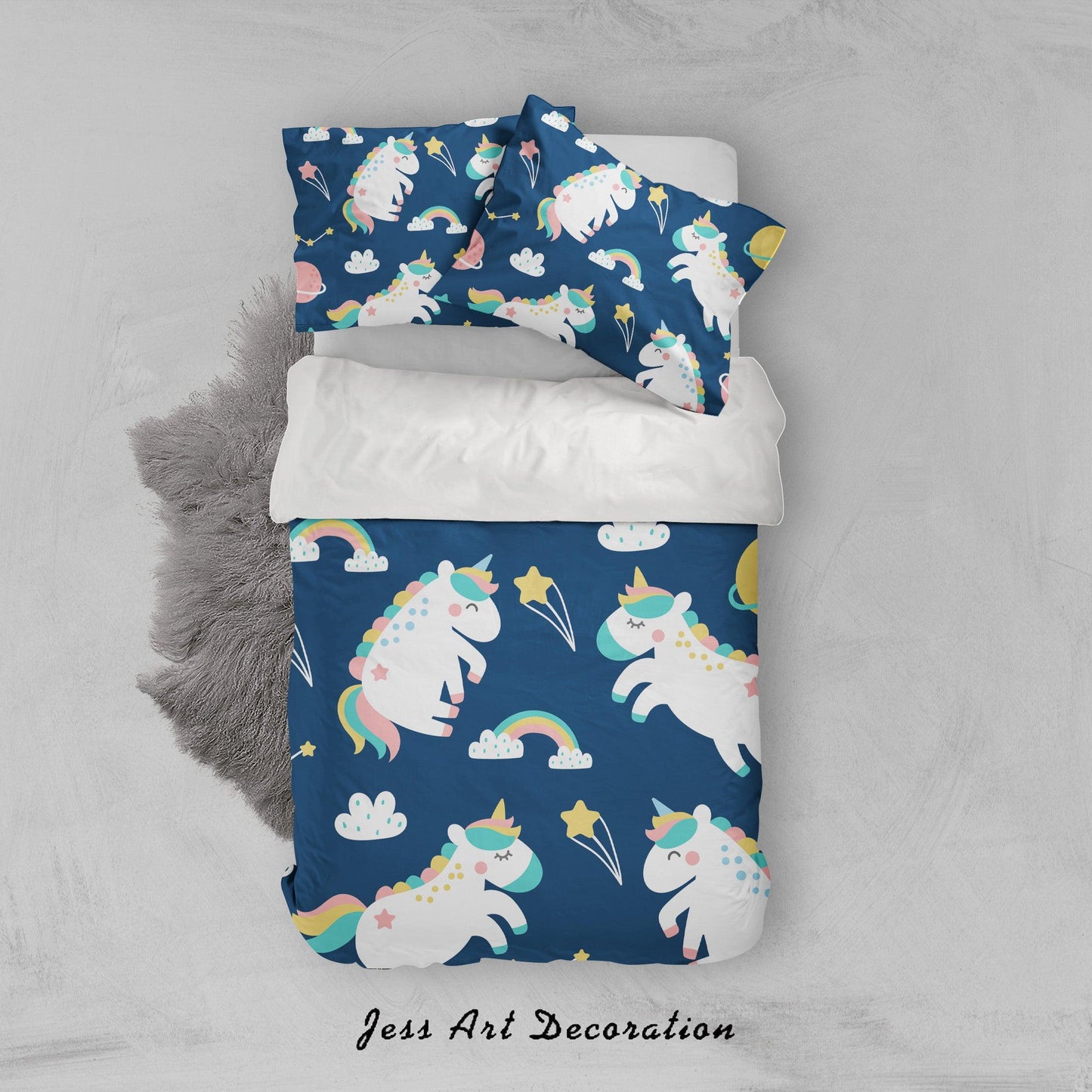 3D Blue Unicorn Rainbow Planet Star Quilt Cover Set Bedding Set Pillowcases 36