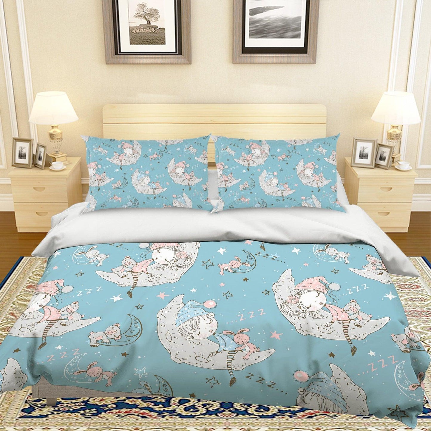3D Cartoon Girl Moon Quilt Cover Set Bedding Set Pillowcases 96