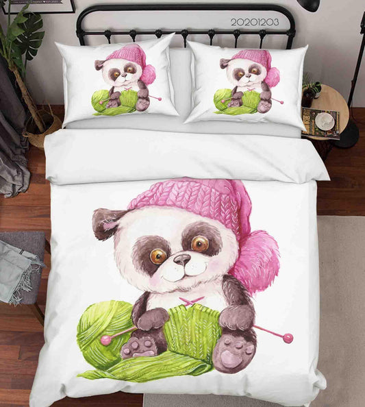 3D Cartoon Hand Drawn Pink Wool Cap Green Knitting Panda Animal Quilt Cover Set Bedding Set Duvet Cover Pillowcases LXL