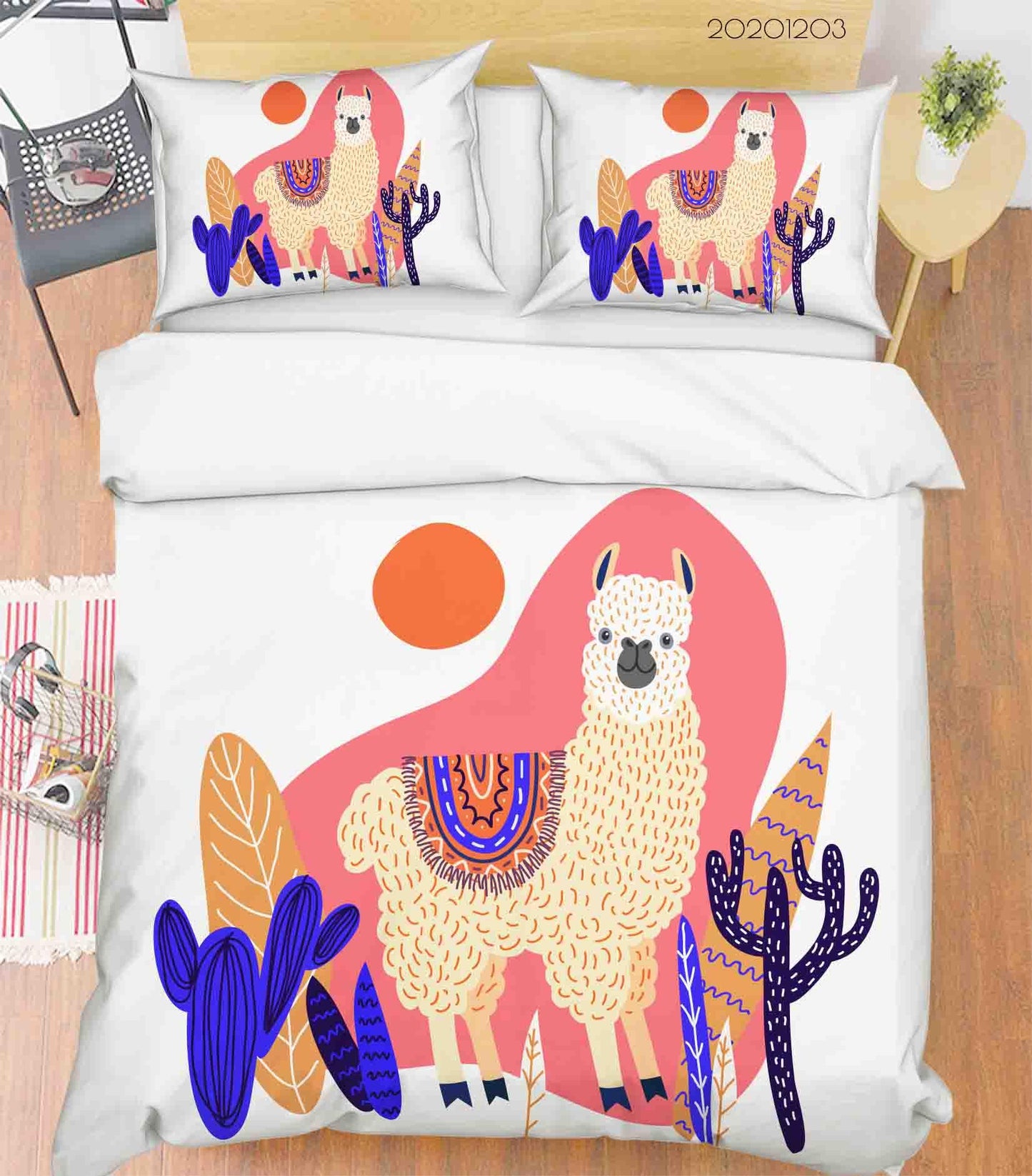 3D Cartoon Cute Fine Art Blue Cactus Alpaca Illustration Animal Quilt Cover Set Bedding Set Duvet Cover Pillowcases LXL