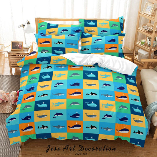 3D Cartoon Colorful Lattice Ocean Shark Whale Dolphin Fish Pattern Quilt Cover Set Bedding Set Duvet Cover Pillowcases LXL