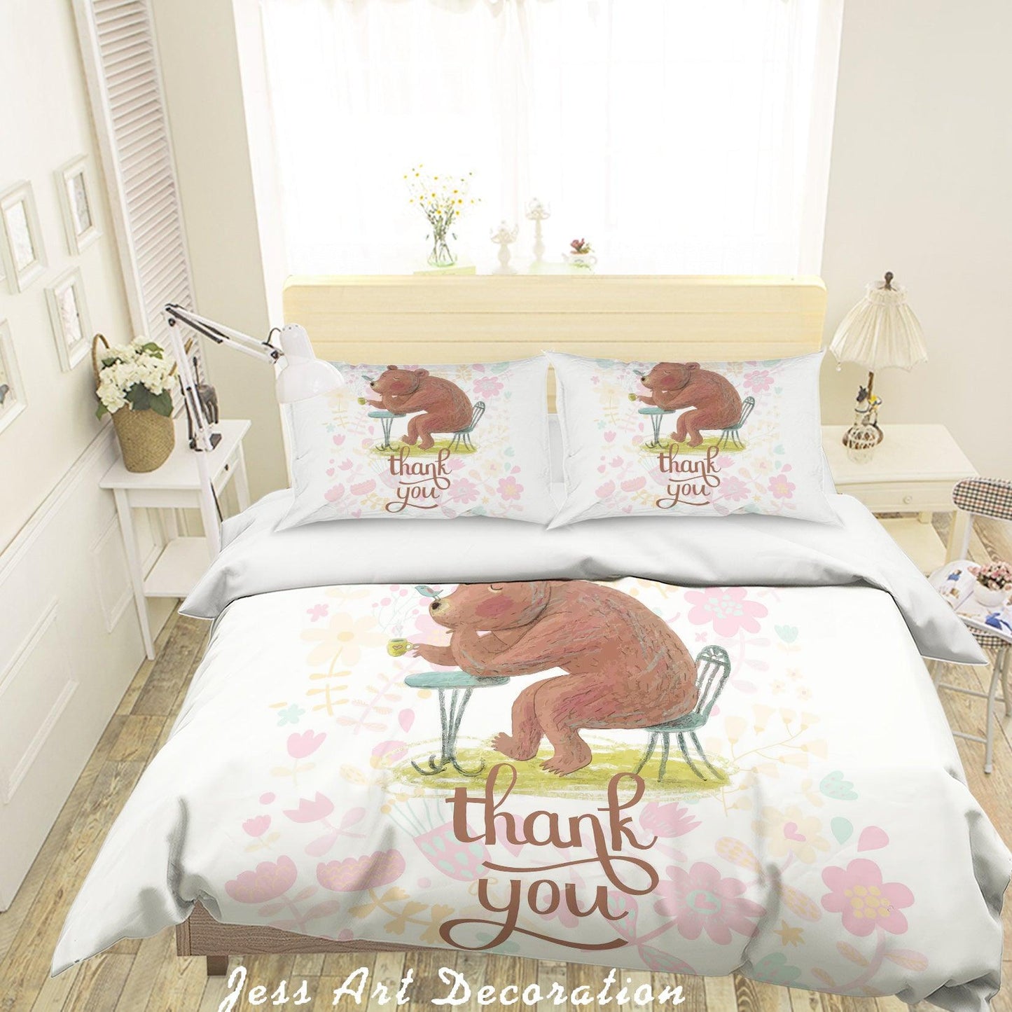 3D Cartoon Bear Flower Quilt Cover Set Bedding Set Pillowcases 45
