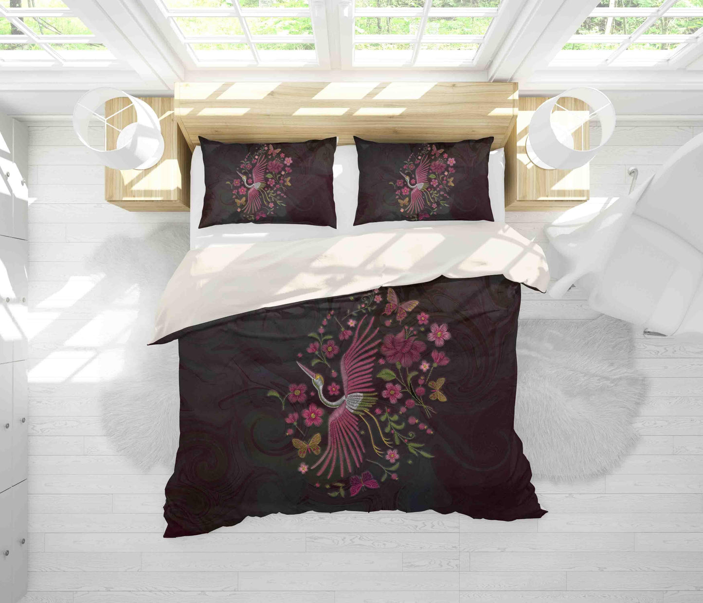 3D Black Pink Embroidery Crane Butterfly Floral Quilt Cover Set Bedding Set Duvet Cover Pillowcases SF