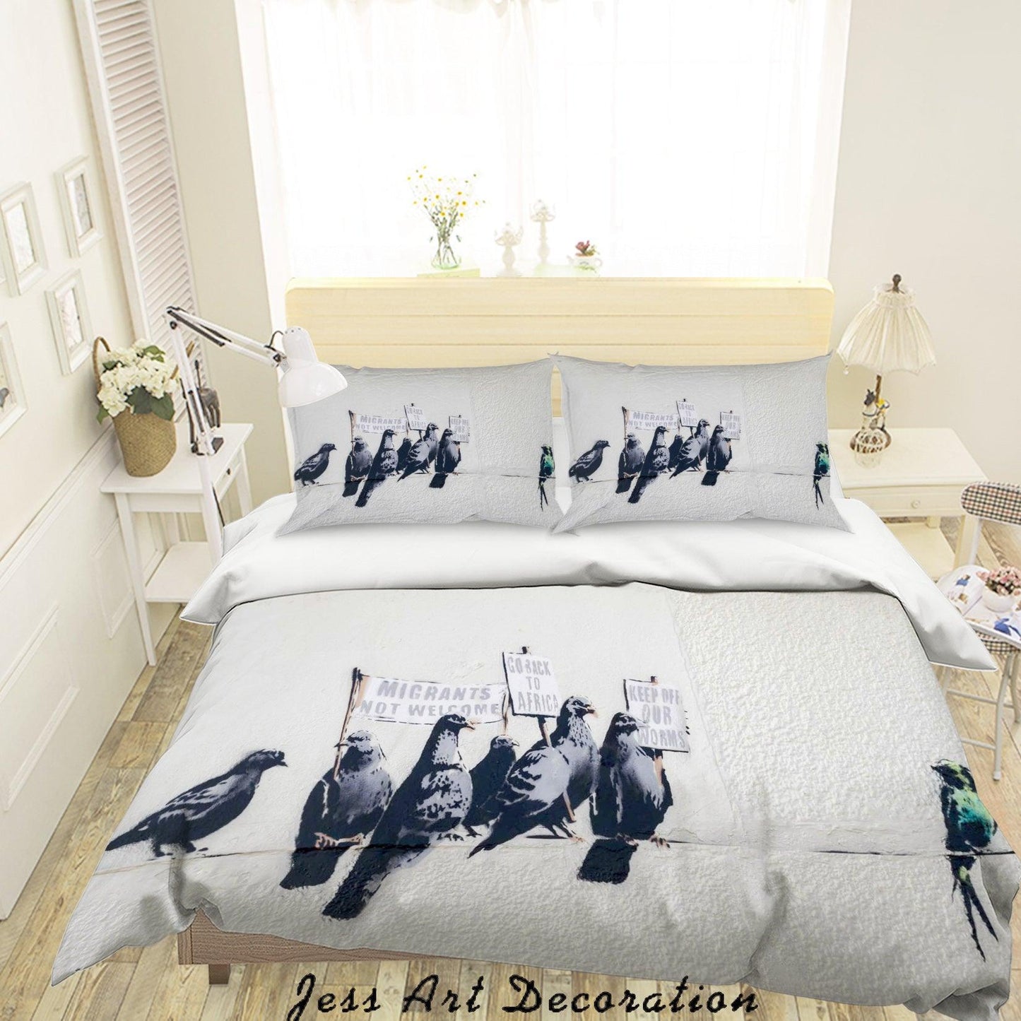 3D Banksy Bird Pigeon Black White Quilt Cover Set Bedding Set Duvet Cover Pillowcases  ZY D70