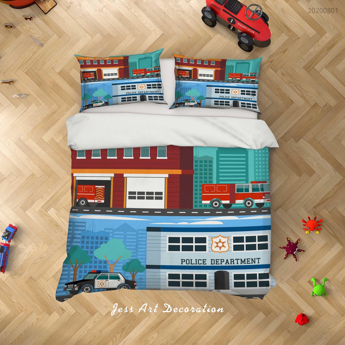 3D Cartoon Firetruck Police Department Quilt Cover Set Bedding Set Duvet Cover Pillowcases LXL 223