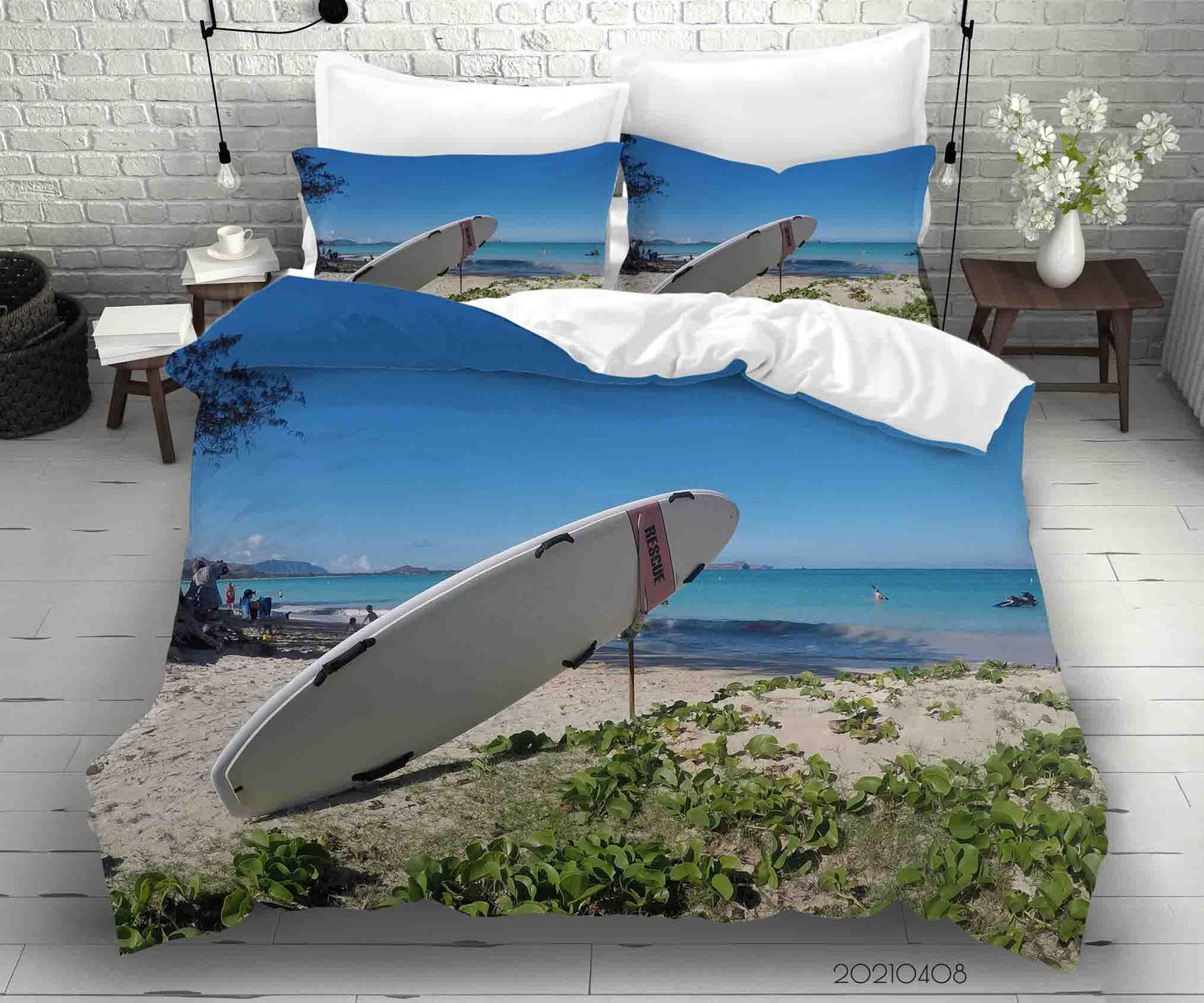 3D Blue Beach Surfboard Quilt Cover Set Bedding Set Duvet Cover Pillowcases 65