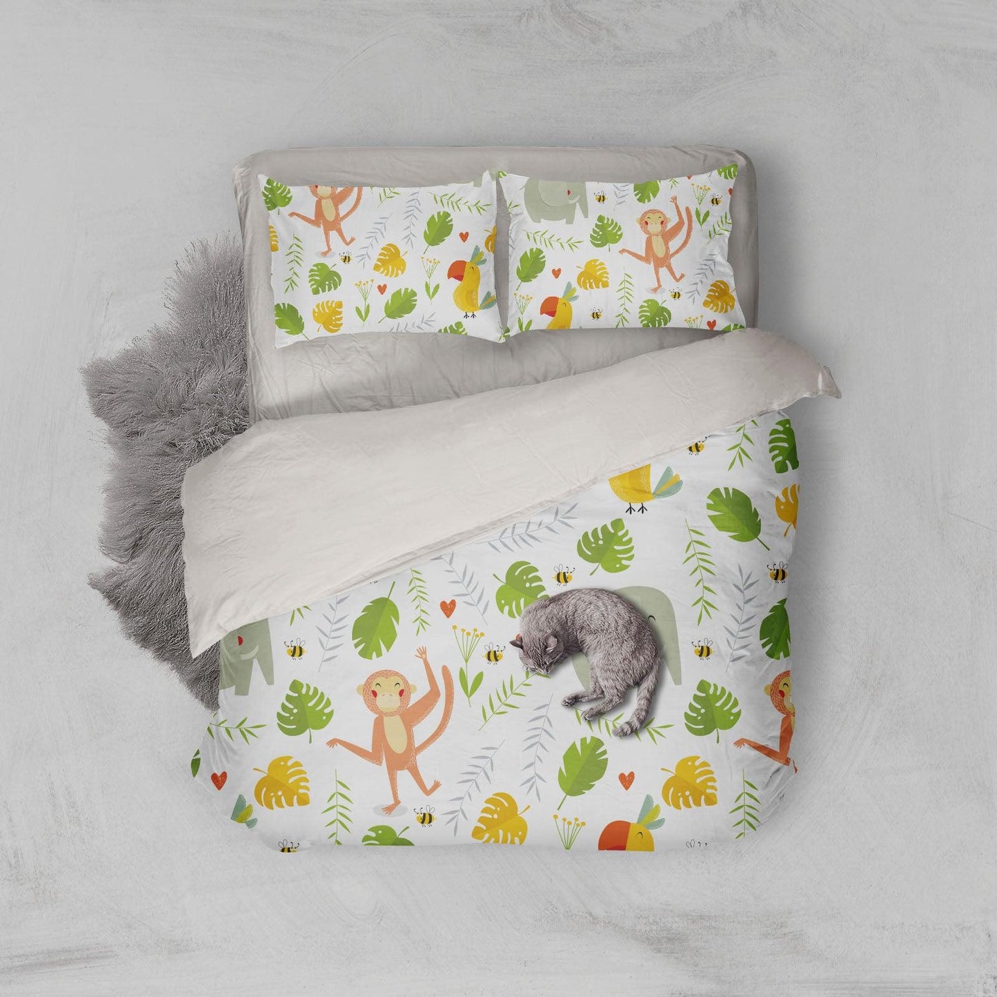 3D Cartoon Monkey Elephant Green Leaf Pattern Quilt Cover Set Bedding Set Pillowcases  108