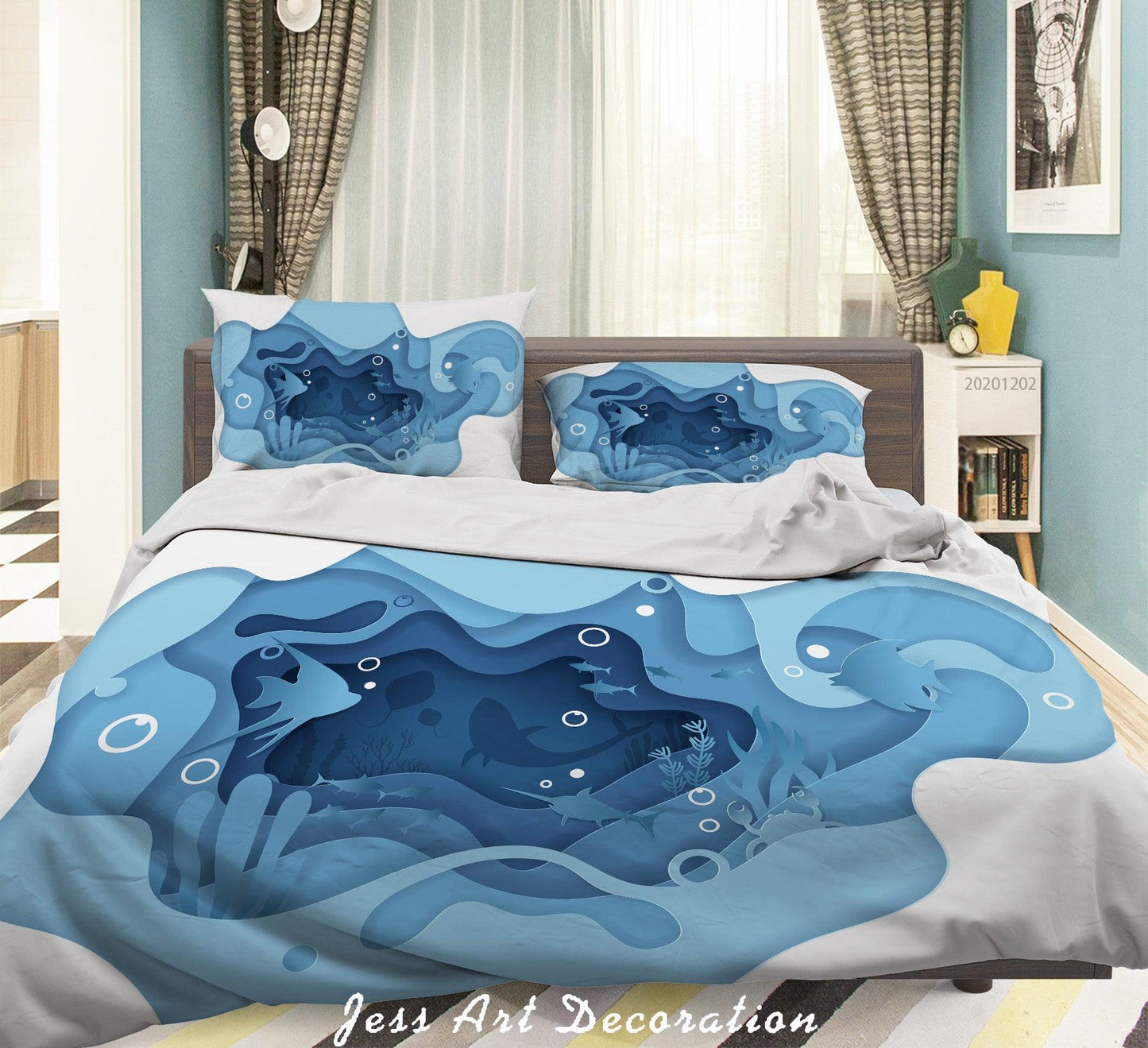 3D Abstract Hand Drawn Blue Ocean Coral Fish Bubble Quilt Cover Set Bedding Set Duvet Cover Pillowcases LXL