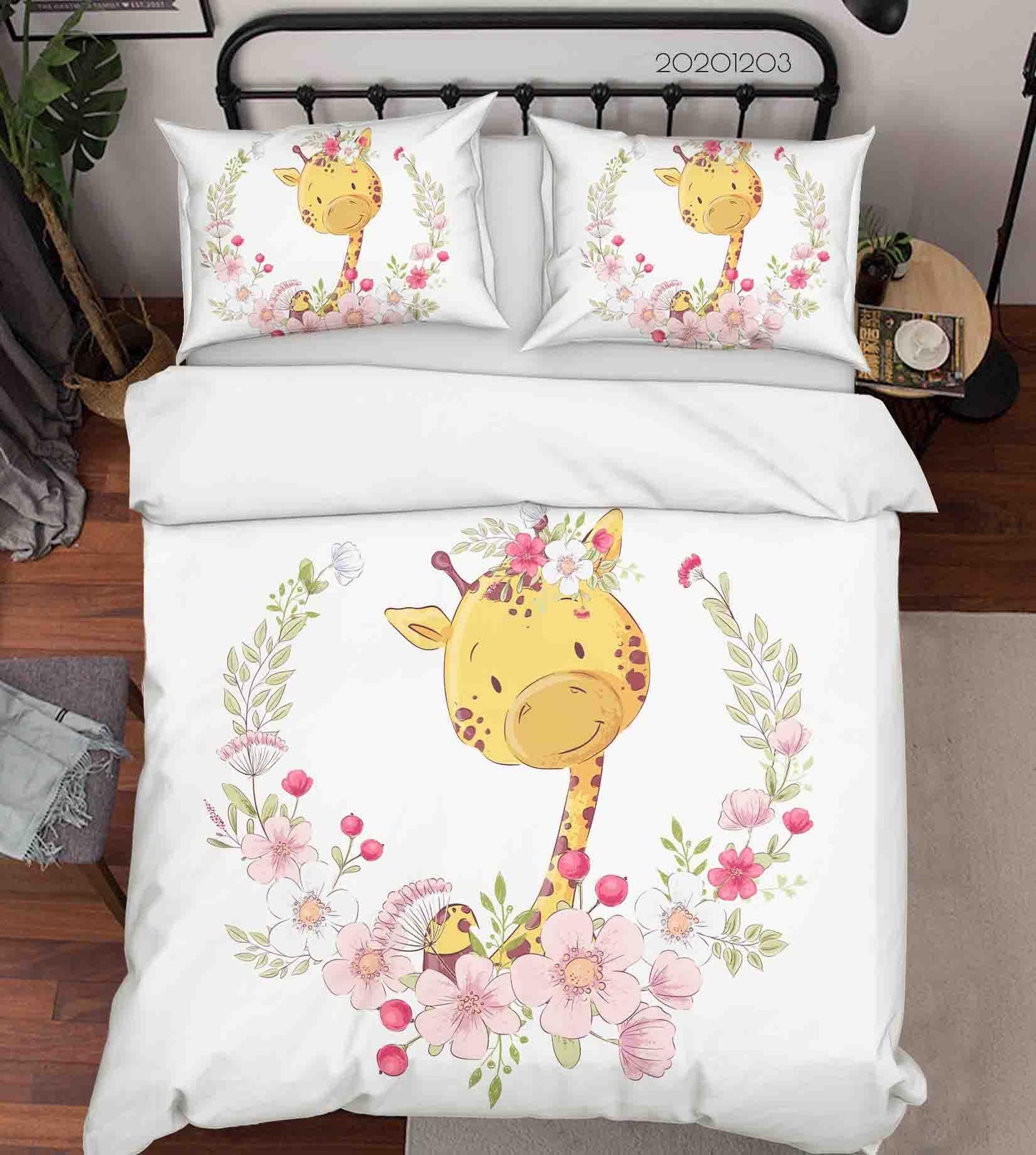 3D Cartoon Hand Drawn Pink Floral Plant Giraffe Animal Quilt Cover Set Bedding Set Duvet Cover Pillowcases LXL