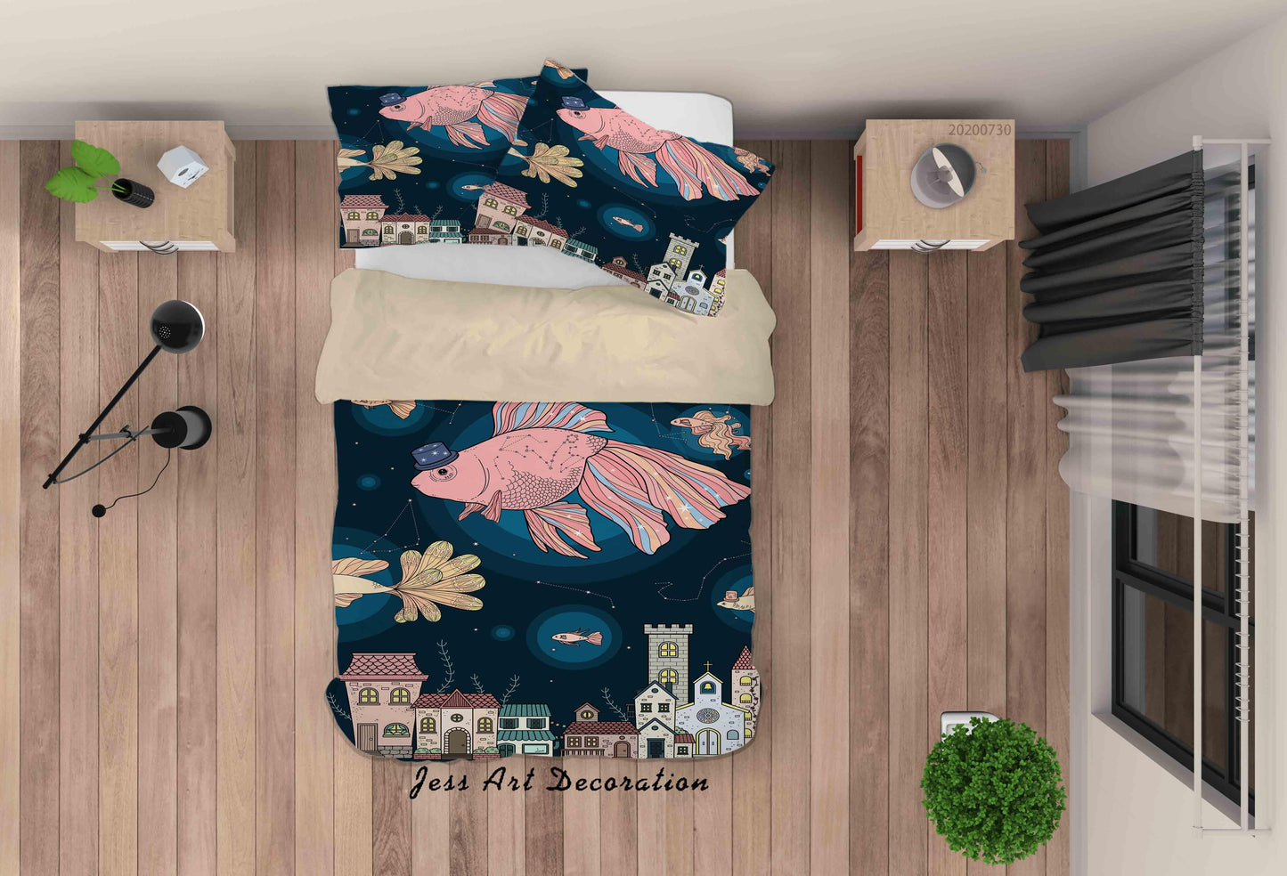 3D Cartoon Floral Carp Villa Quilt Cover Set Bedding Set Duvet Cover Pillowcases LXL 68