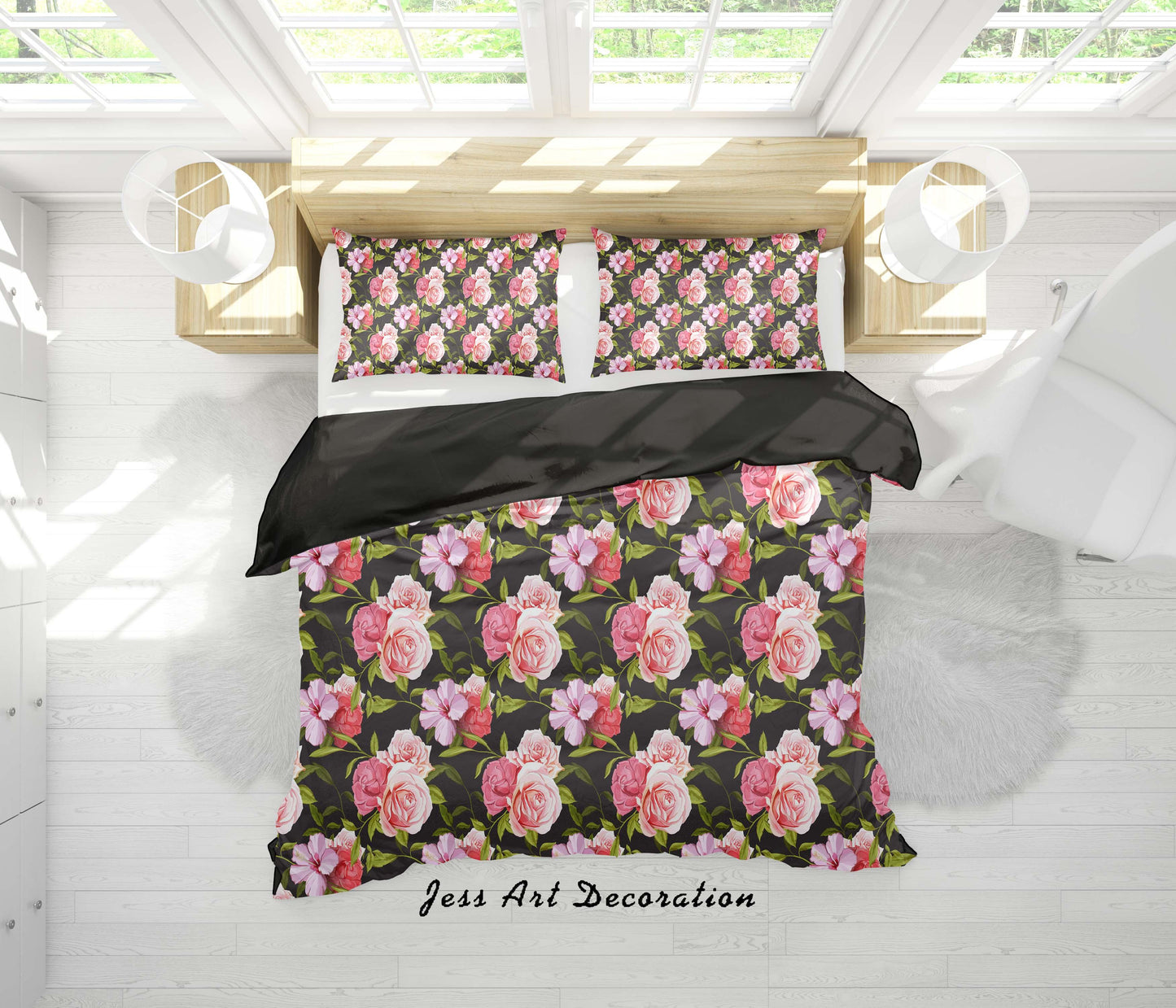 3D Black Pink Flowers Quilt Cover Set Bedding Set Duvet Cover Pillowcases SF07
