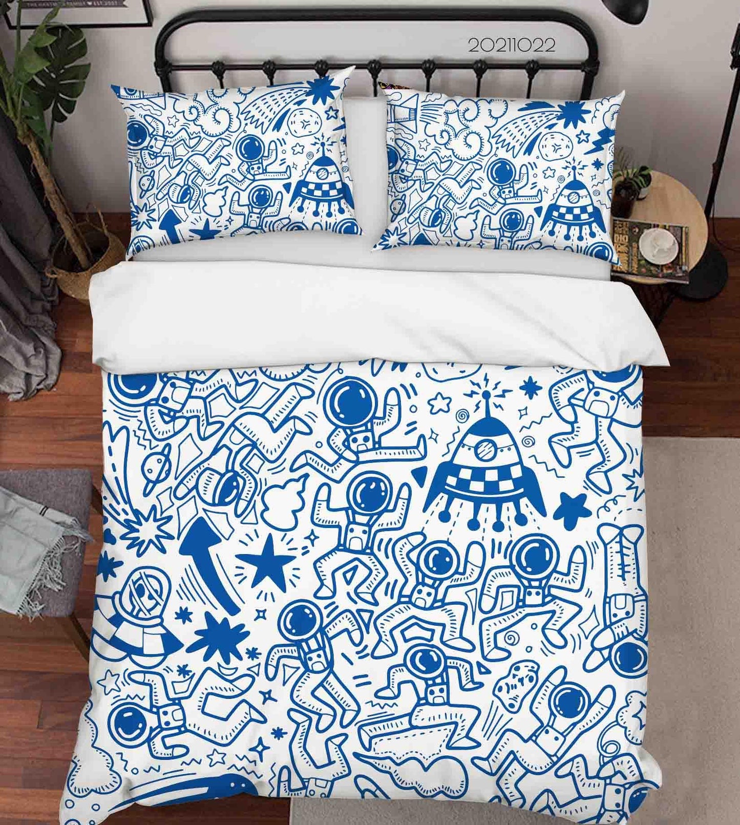 3D Blue Space Astronaut Rocket Graffiti Quilt Cover Set Bedding Set Duvet Cover Pillowcases 4