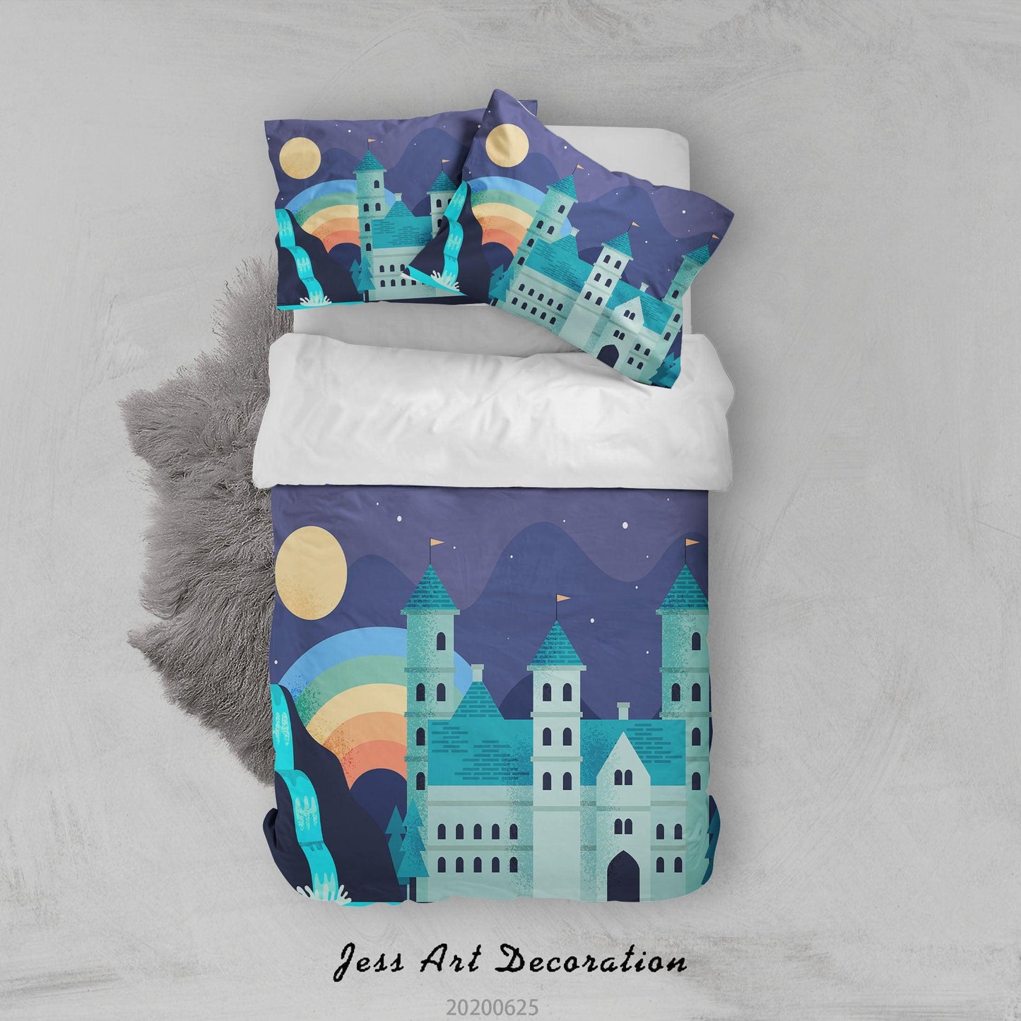 3D Blue Castle Waterfall Rainbow Quilt Cover Set Bedding Set Duvet Cover Pillowcases SF22
