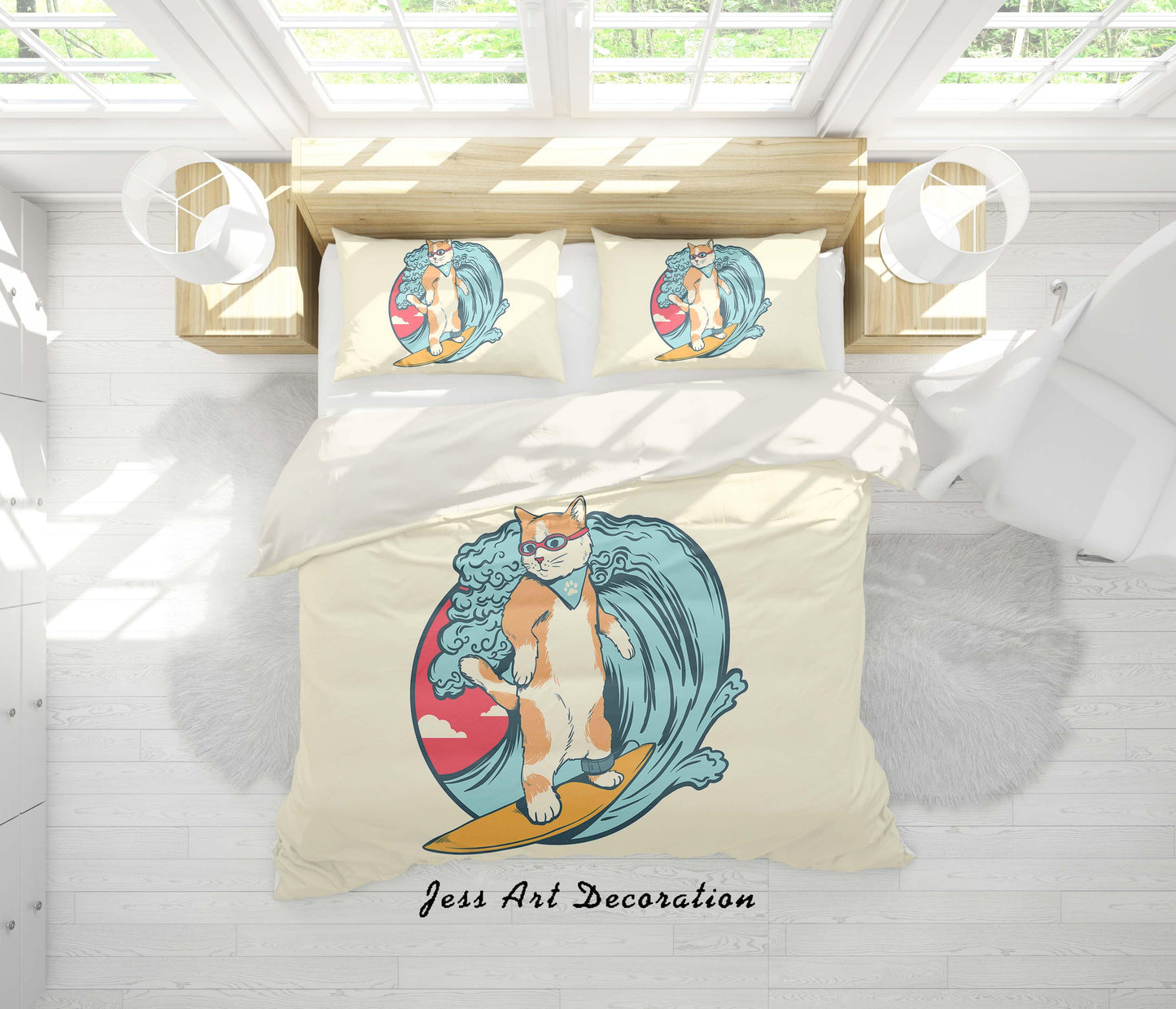 3D Beach Surfing Cat Glasses Quilt Cover Set Bedding Set Duvet Cover Pillowcases WJ 6811
