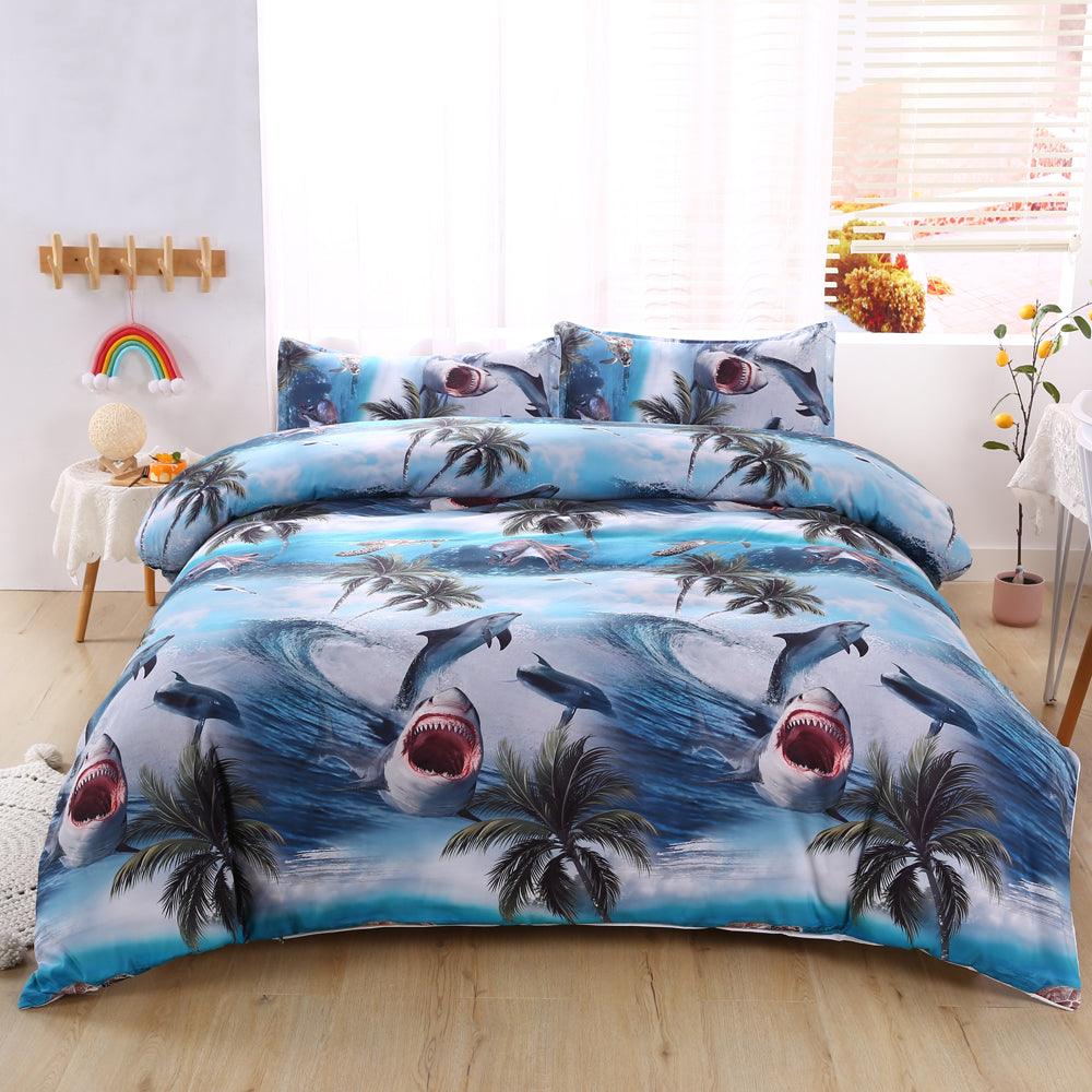 3D Blue Sea Coconut Tree Shark Quilt Cover Set Bedding Set Duvet Cover Pillowcases 509