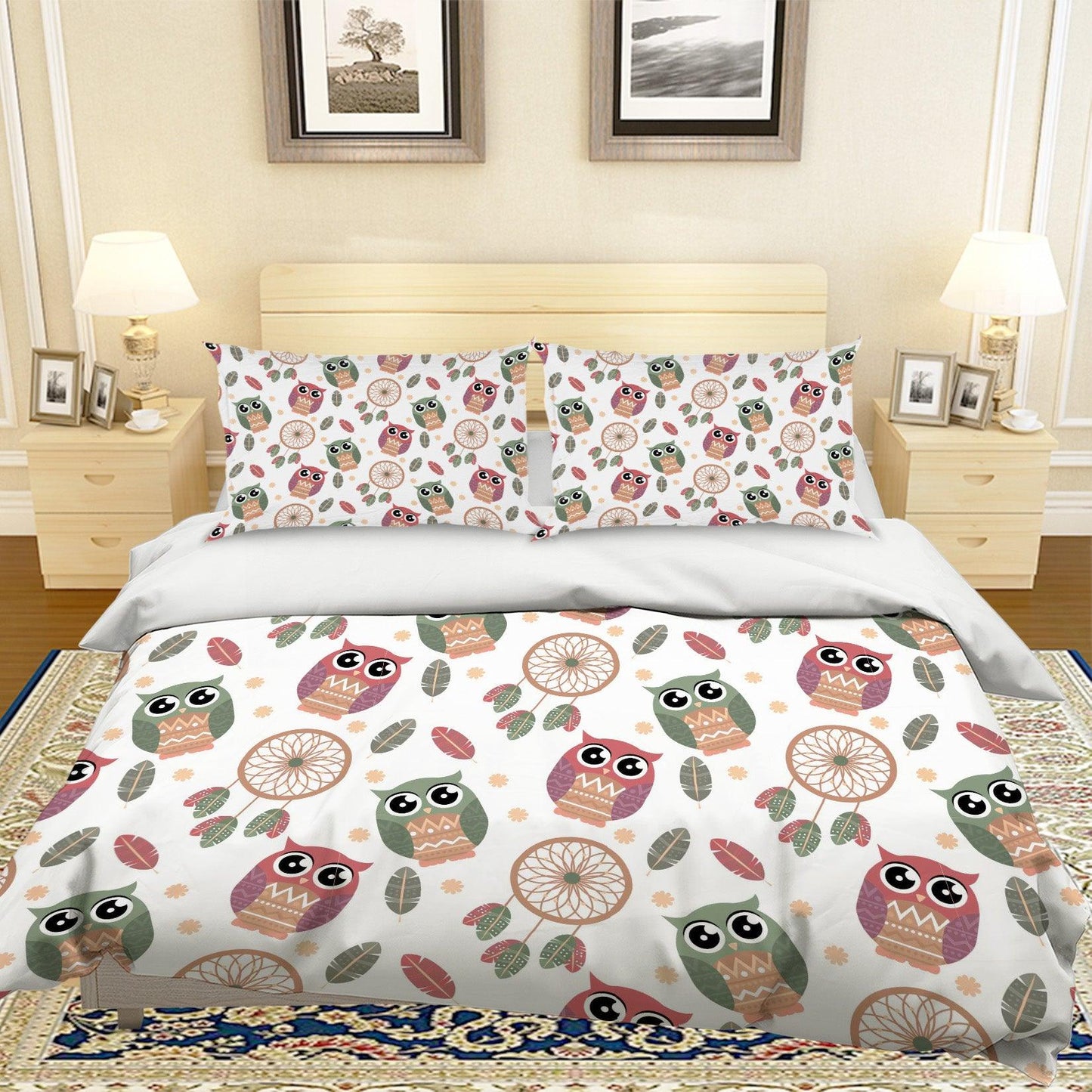 3D Cartoon Owl Leaves Green Quilt Cover Set Bedding Set Pillowcases 72