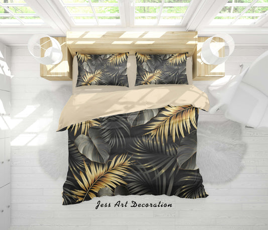 3D Black Golden Leaves Quilt Cover Set Bedding Set Duvet Cover Pillowcases SF69