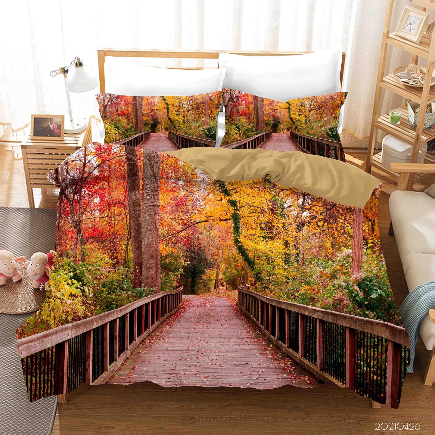 3D Autumn Forest Bridge Landscape Quilt Cover Set Bedding Set Duvet Cover Pillowcases 247