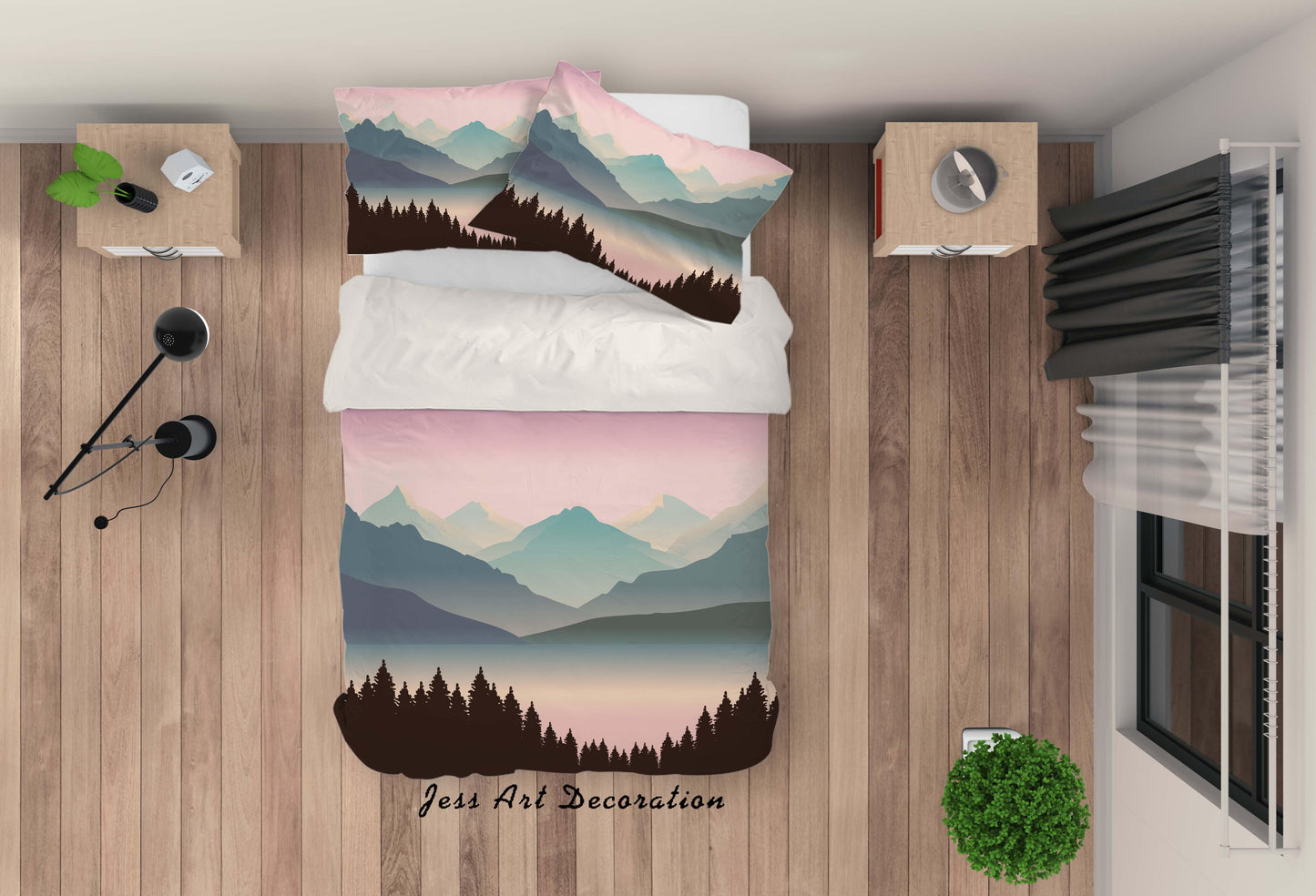 3D Cartoon Mountain Forest Lake Quilt Cover Set Bedding Set Pillowcasesn 93
