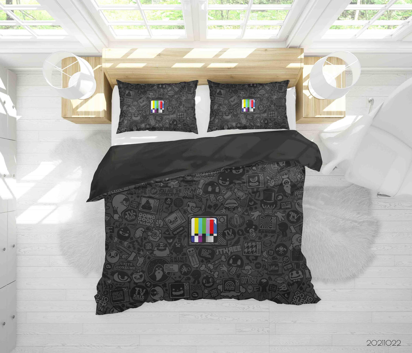 3D Black Cartoon Illustration Art Doodle Quilt Cover Set Bedding Set Duvet Cover Pillowcases 92