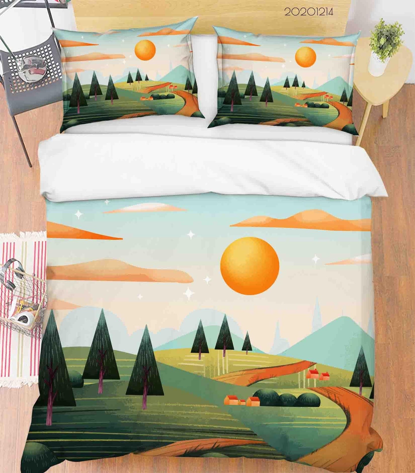 3D Cartoon Orange Sun Cloud Green Tree Plant Quilt Cover Set Bedding Set Duvet Cover Pillowcases LXL