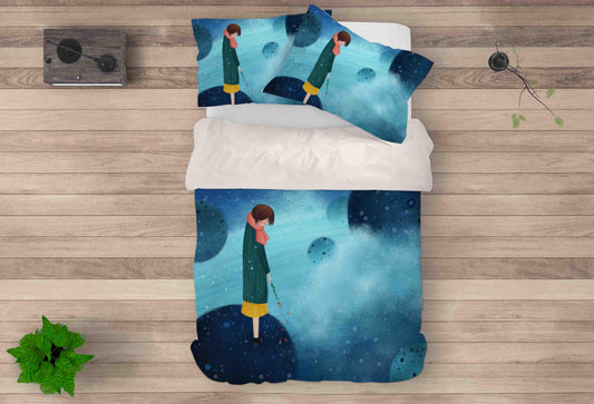 3D Blue Planet Girl Quilt Cover Set Bedding Set Pillowcases 25