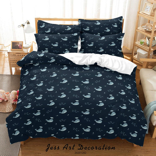 3D Cartoon Hand Drawn Ocean Whale Pattern Dark Quilt Cover Set Bedding Set Duvet Cover Pillowcases LXL