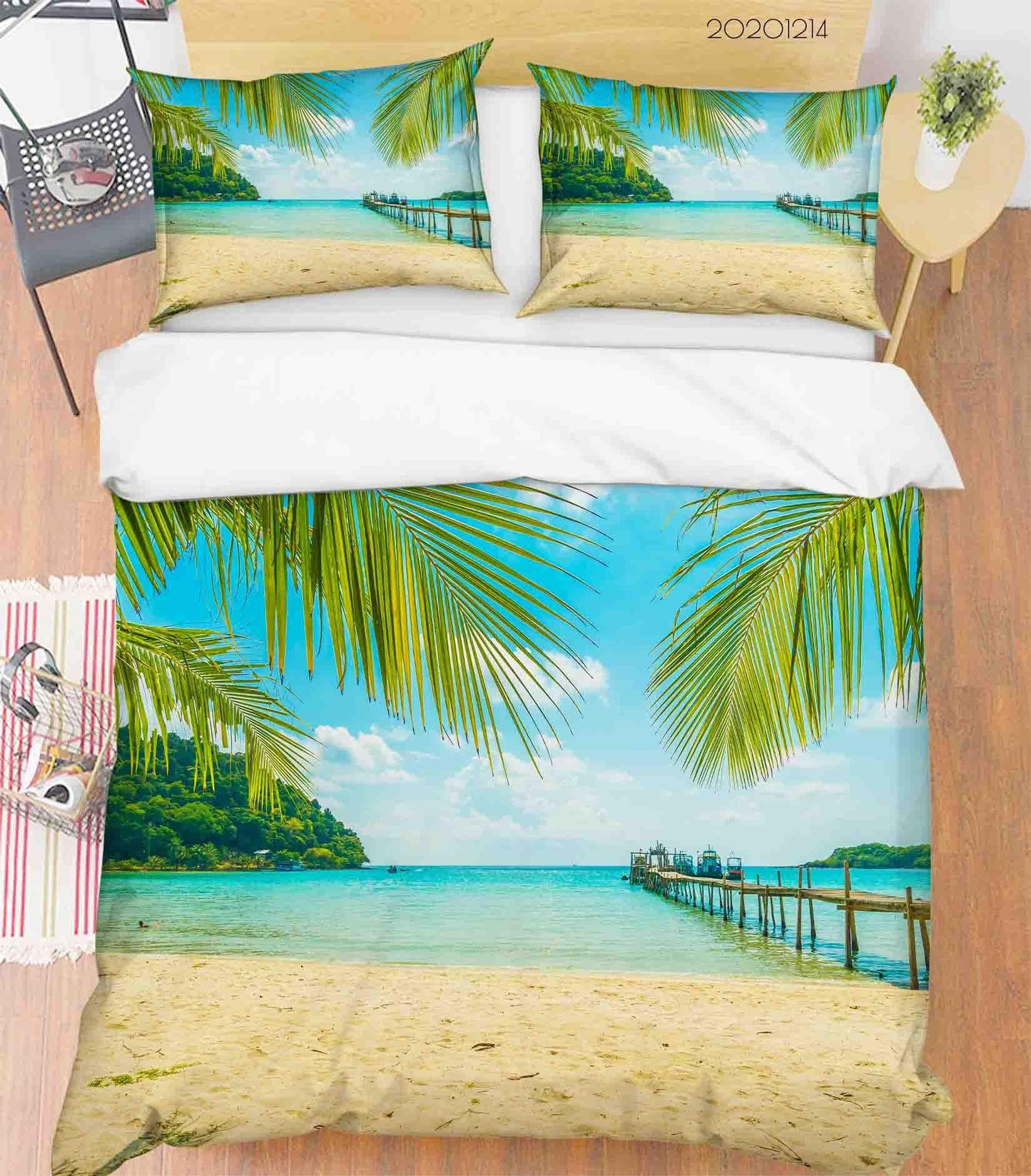 3D Blue Ocean Beach Palm Tree Plant Wooden Bridge Quilt Cover Set Bedding Set Duvet Cover Pillowcases LXL