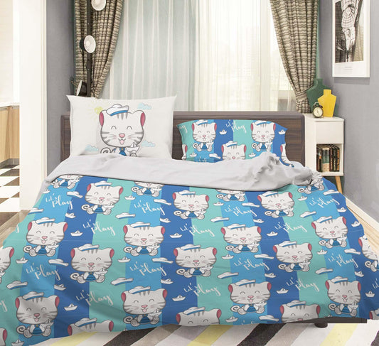 3D Blue Cat Kitty Stripes Quilt Cover Set Bedding Set Pillowcases 32