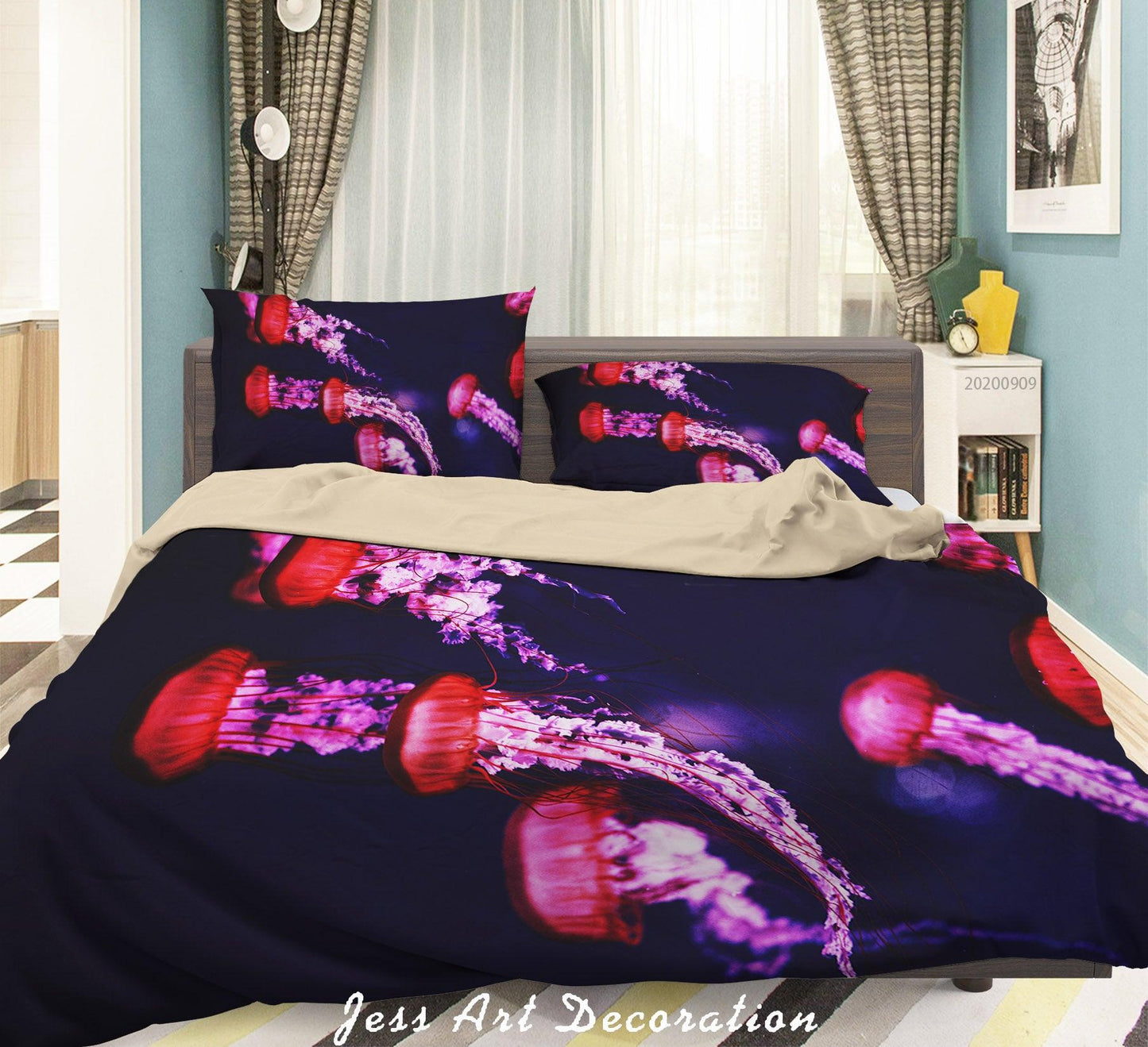 3D Beautiful Red Purple Jellyfishes Underwater Quilt Cover Set Bedding Set Duvet Cover Pillowcases WJ 1908