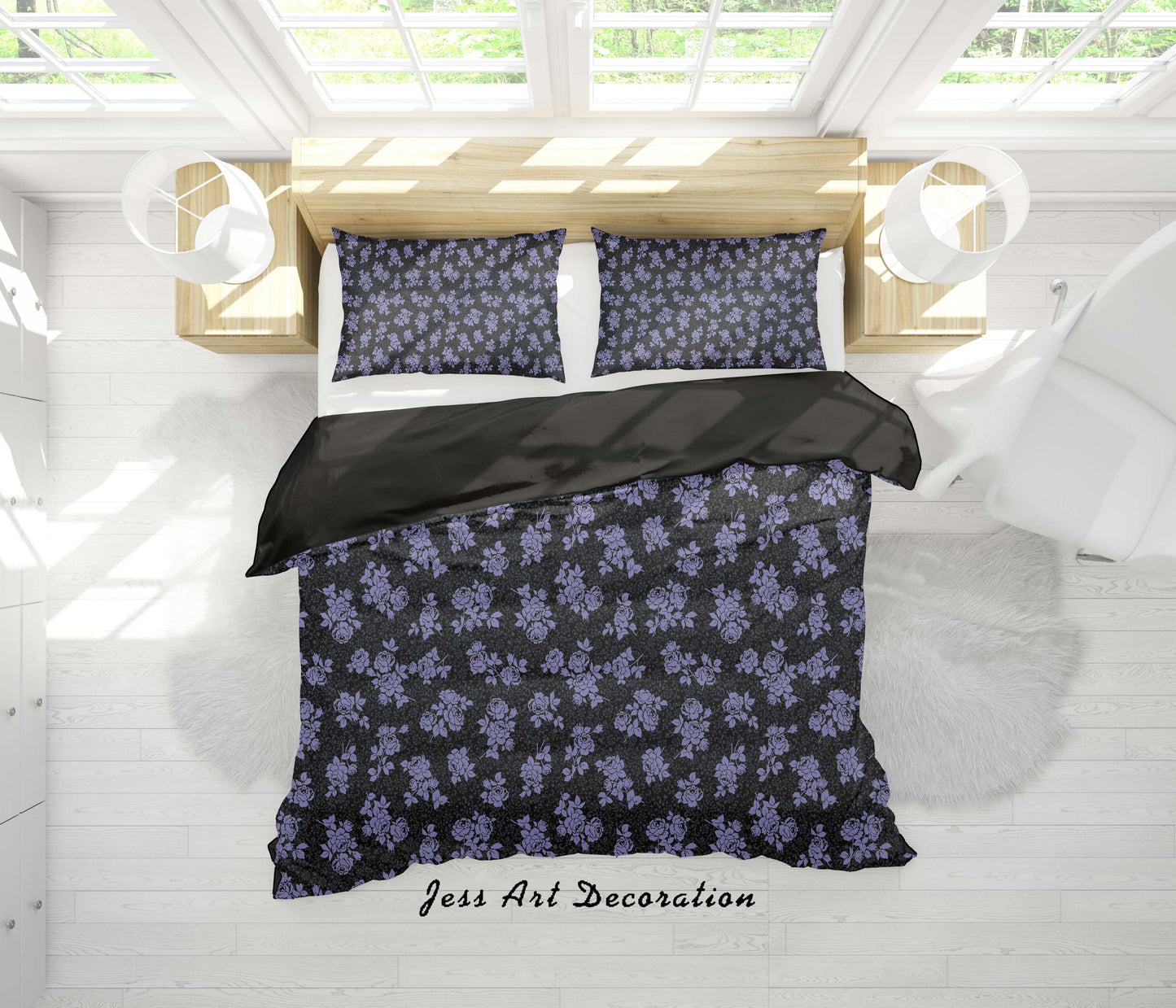 3D Black Blue Floral Quilt Cover Set Bedding Set Duvet Cover Pillowcases SF130