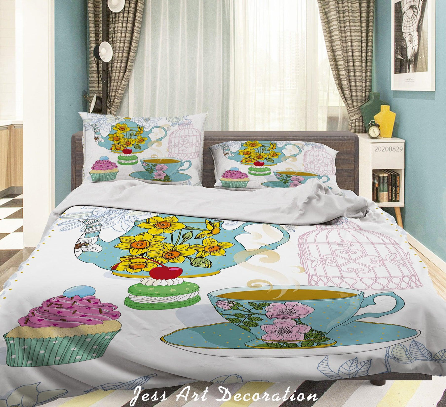 3D Abstract Hand Draw Cartoon Teacup Floral Pattern Quilt Cover Set Bedding Set Duvet Cover Pillowcases WJ 3594