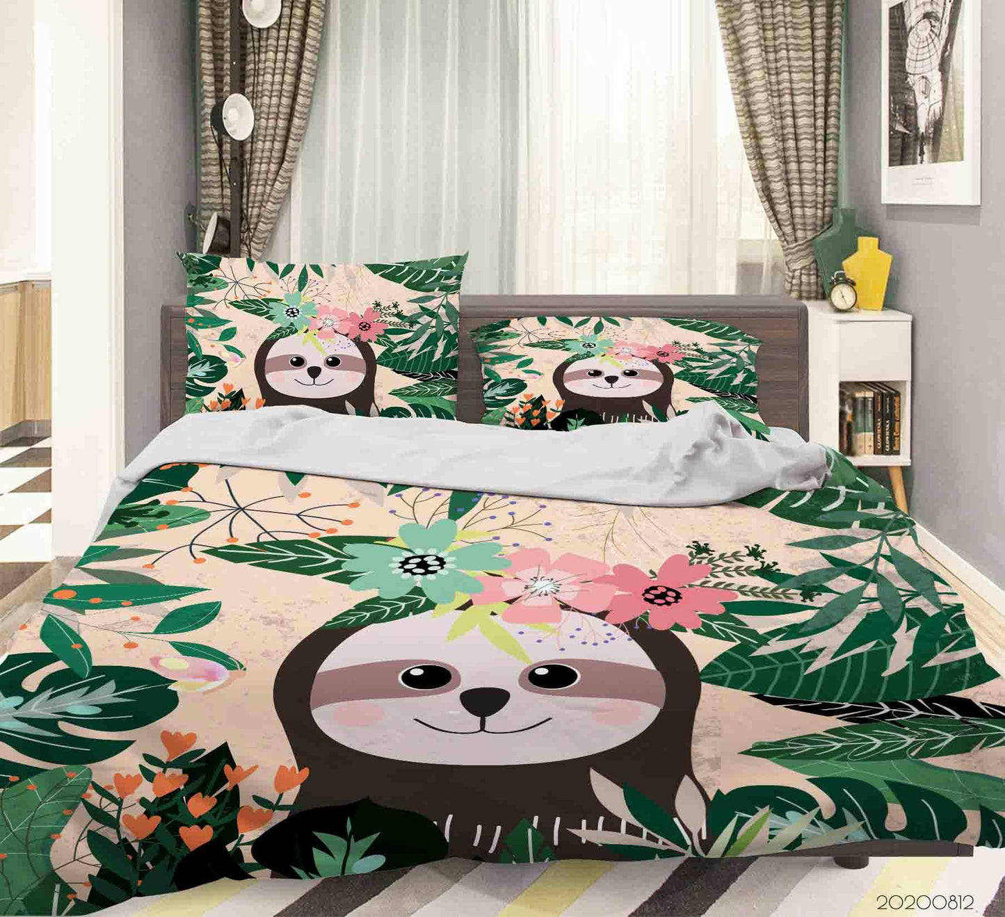 3D Cartoon Floral Plant Sloth Quilt Cover Set Bedding Set Duvet Cover Pillowcases LXL
