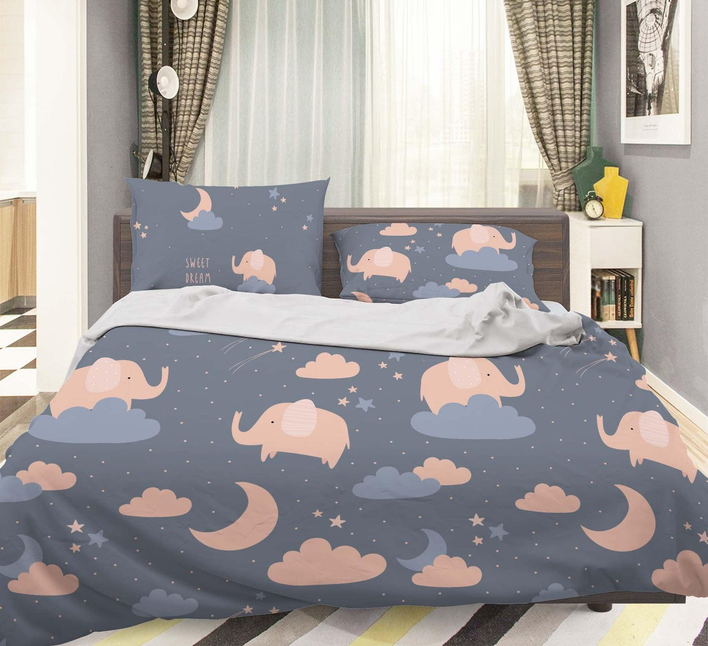 3D Cartoon Pink Elephant Cloud Quilt Cover Set Bedding Set Duvet Cover Pillowcases LXL