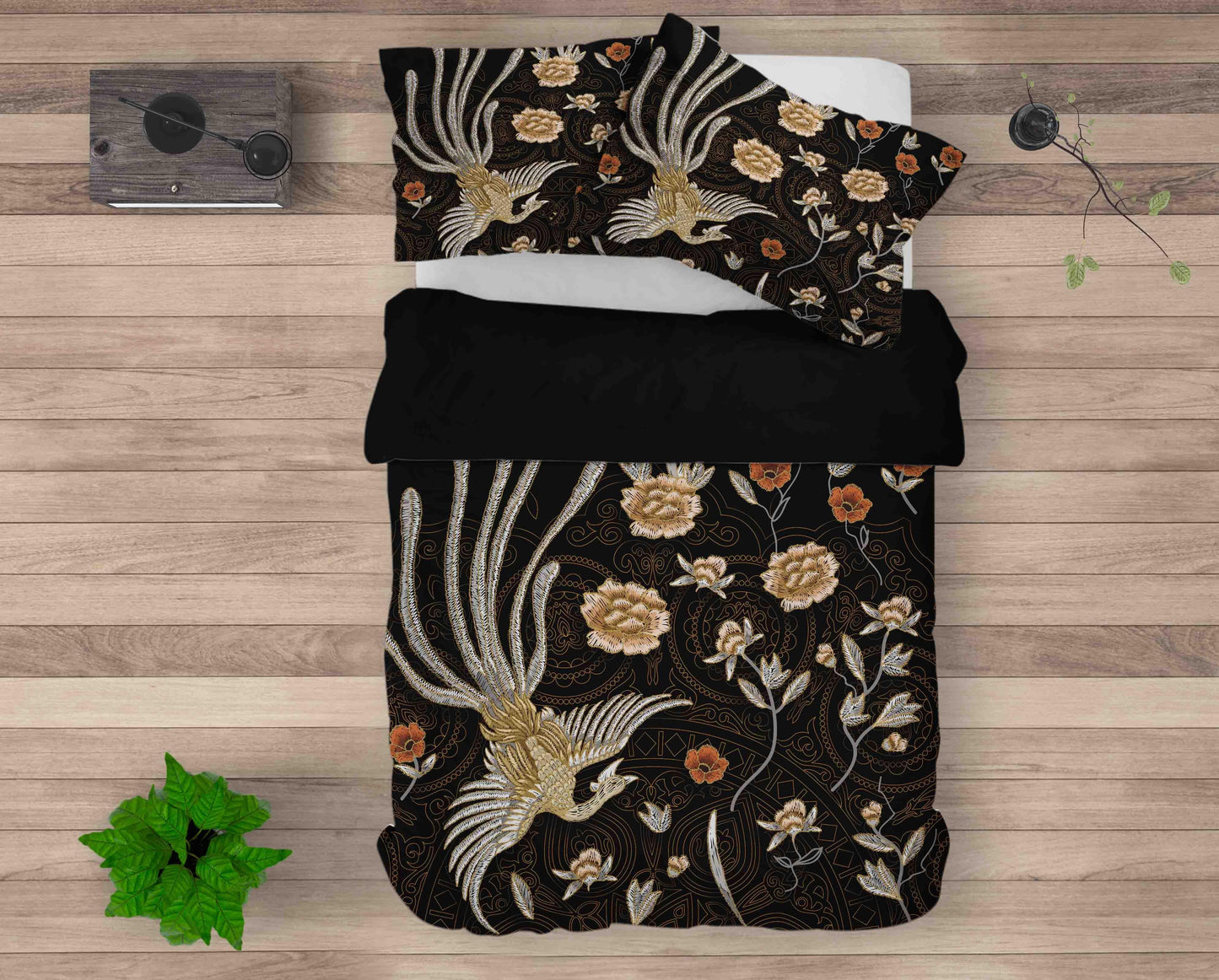 3D Black Phoenix Floral Embroidery Quilt Cover Set Bedding Set Duvet Cover Pillowcases SF006