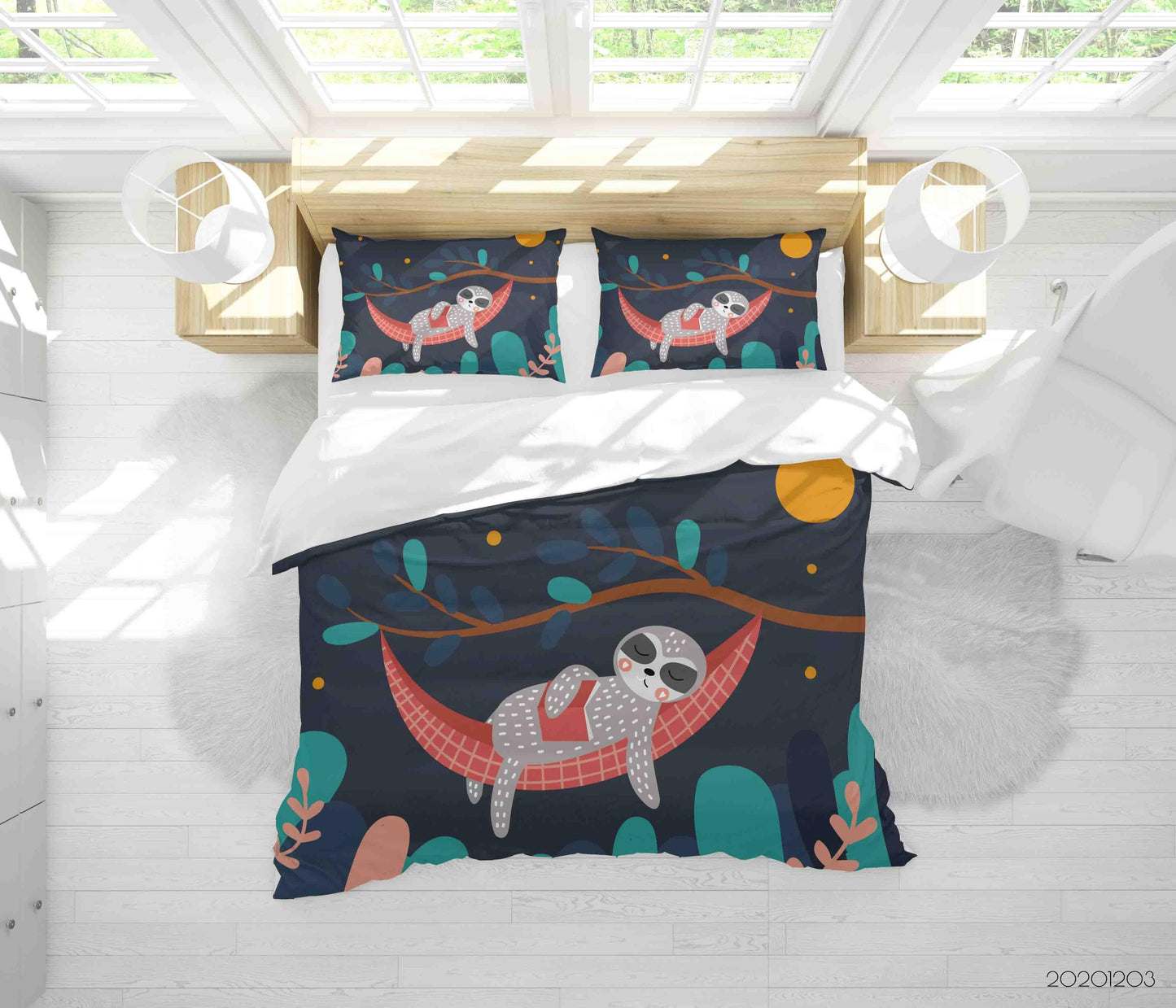 3D Cartoon Hand Drawn Sleeping Sloth Animal Moon Tree Quilt Cover Set Bedding Set Duvet Cover Pillowcases LXL