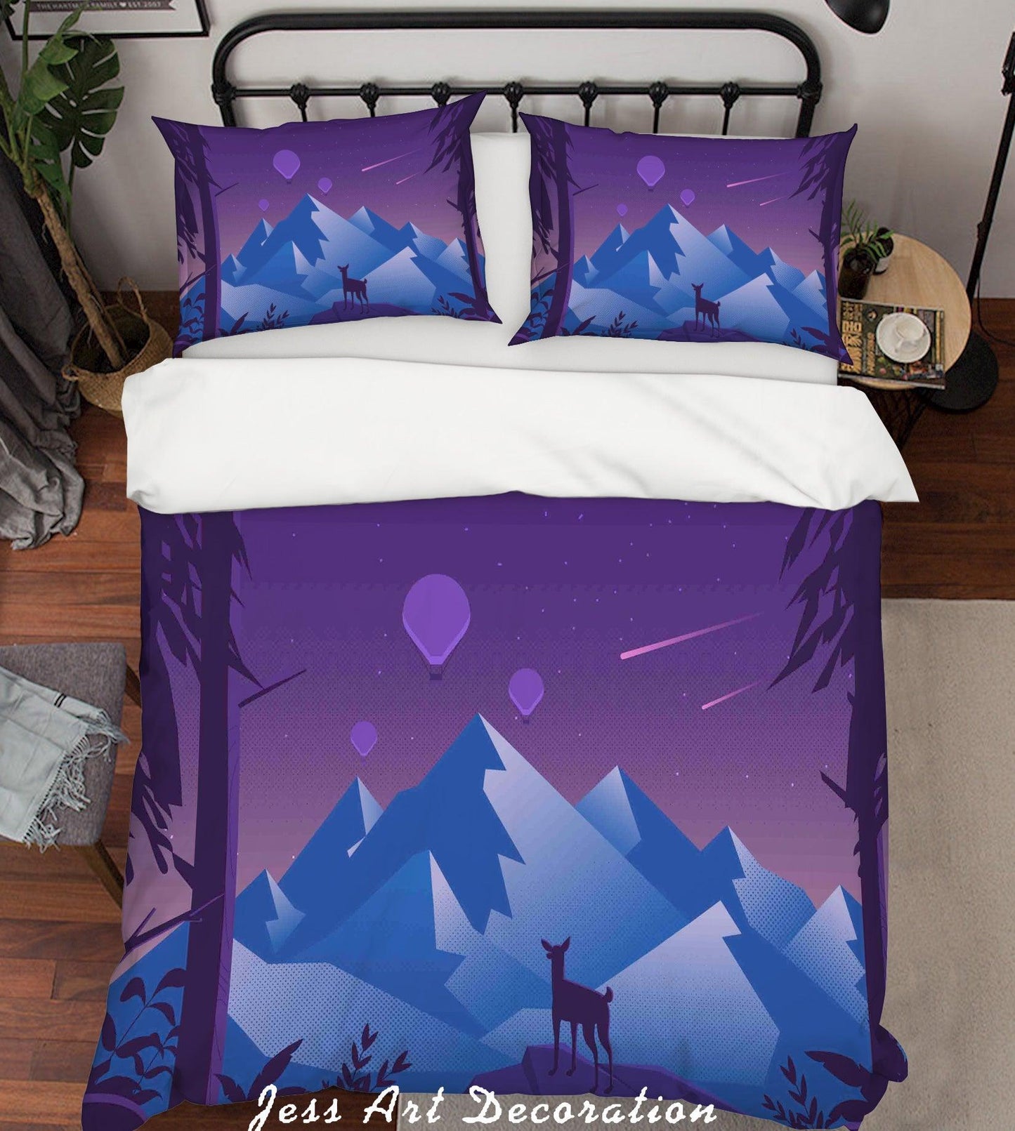 3D Blue Purple Mountains Trees Hot Air Balloon Meteor Deer Quilt Cover Set Bedding Set Pillowcases 26
