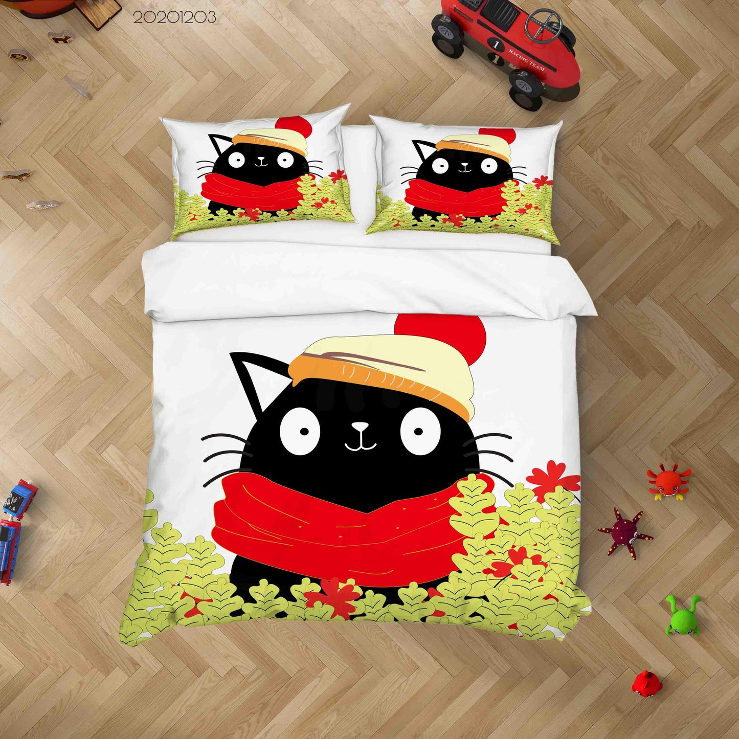 3D Cartoon Hand Drawn Black Cat Animal Green Plant Quilt Cover Set Bedding Set Duvet Cover Pillowcases LXL