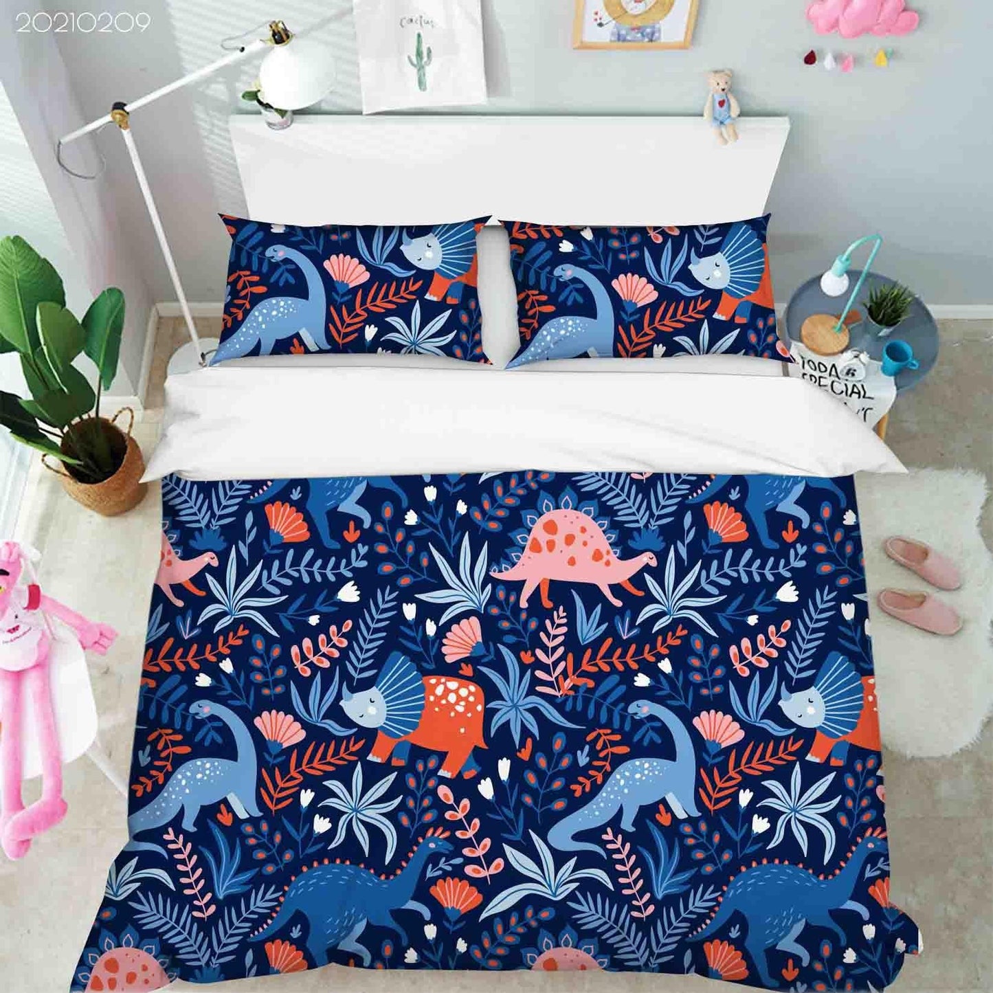 3D Cartoon Blue Dinosaur Leaf Quilt Cover Set Bedding Set Duvet Cover Pillowcases 321