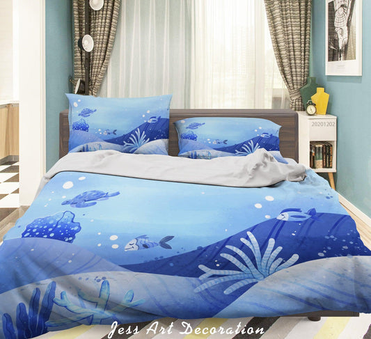 3D Cartoon Hand Drawn Blue Ocean Fish Coral Quilt Cover Set Bedding Set Duvet Cover Pillowcases LXL